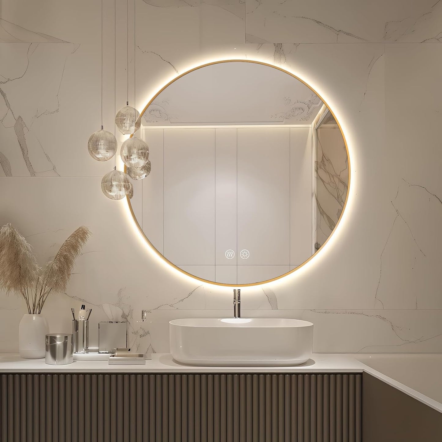 Niccy Round Led Mirror for Bathroom, 32" Backlit Mirror for Wall Circle Lighted Mirror with Gold Frame Anti-Fog, 3 Colors, HD Glass and IP65 Waterproof
