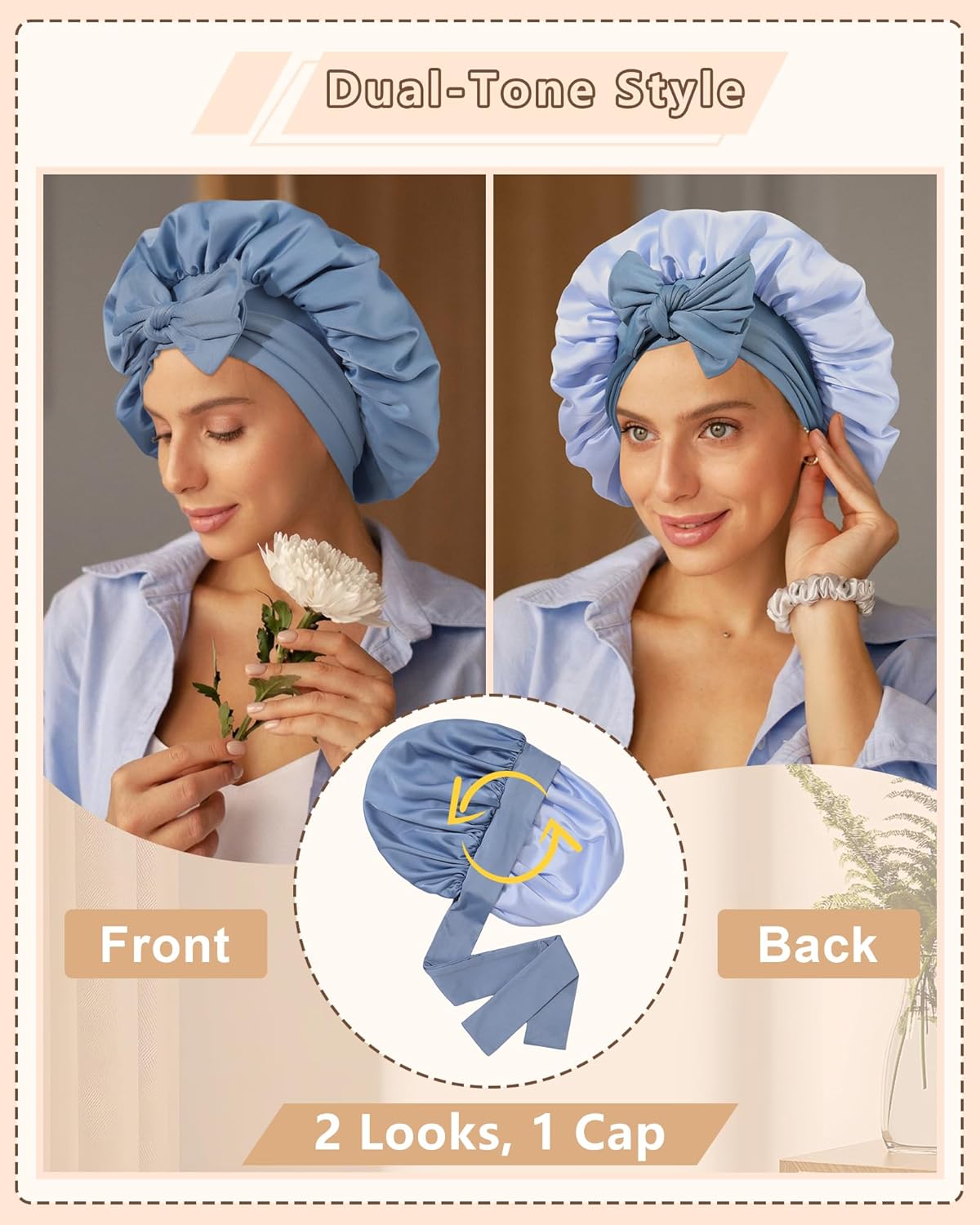 AWAYTR Women Satin Bonnet for Sleeping - Double Layer Silk Hair Bonnet with Elastic Tie Band for Braids Curly Hair
