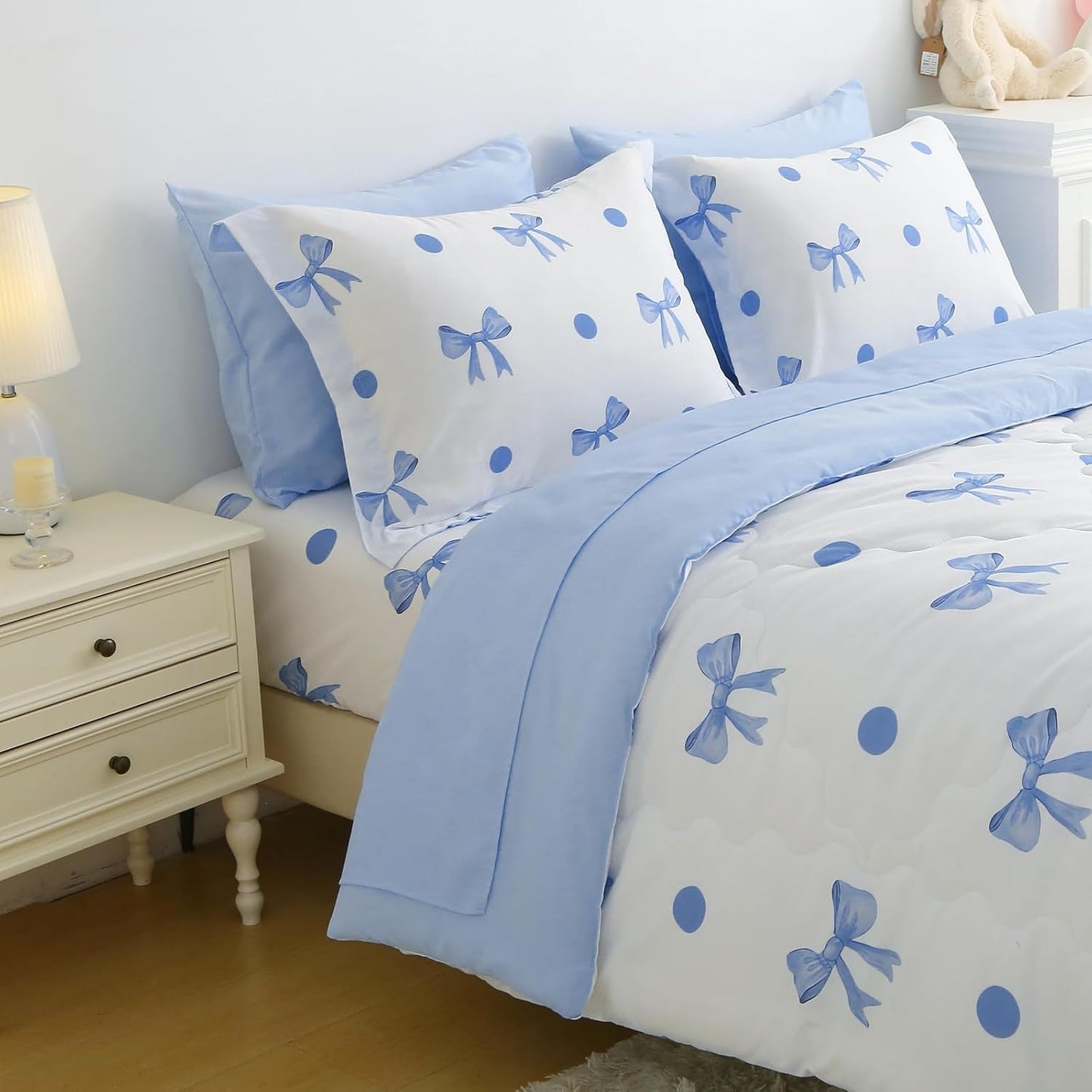 Wajade 7 Piece Blue Bow Comforter Set for Girls Kids Full Size Bedding Set with Sheet and 2 Pillowcases 2 Pillow Shams Cute Girls Bed in a Bag as Birthday Choice
