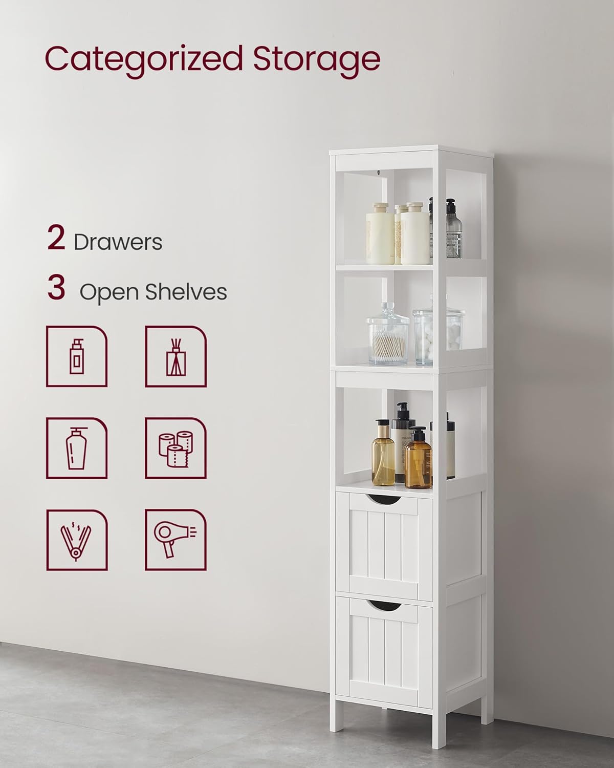 VASAGLE Storage Cabinet, Storage Organizer Rack Stand for Bathroom, Living Room, Bedroom, Multifunctional Corner Unit, 2 Drawers, 55.7 Inches in Height, White UBBC66WT