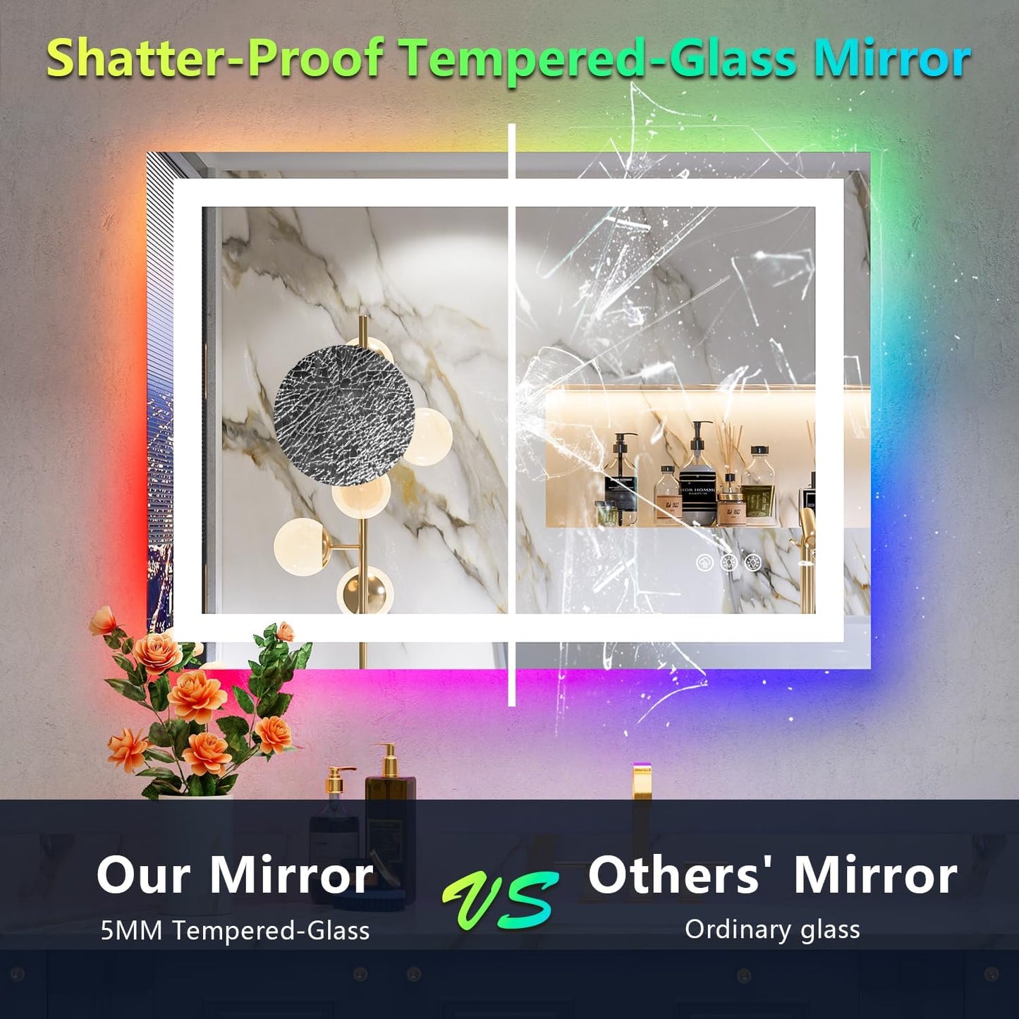 24x32 Inch RGB LED Bathroom Mirror Front Light and RGB Backlit Lighted Vanity Mirror for Bathroom Wall Mounted Dimmable Anti Fog Memory Shatter-Proof IP54 Waterproof Horizontal/Vertical