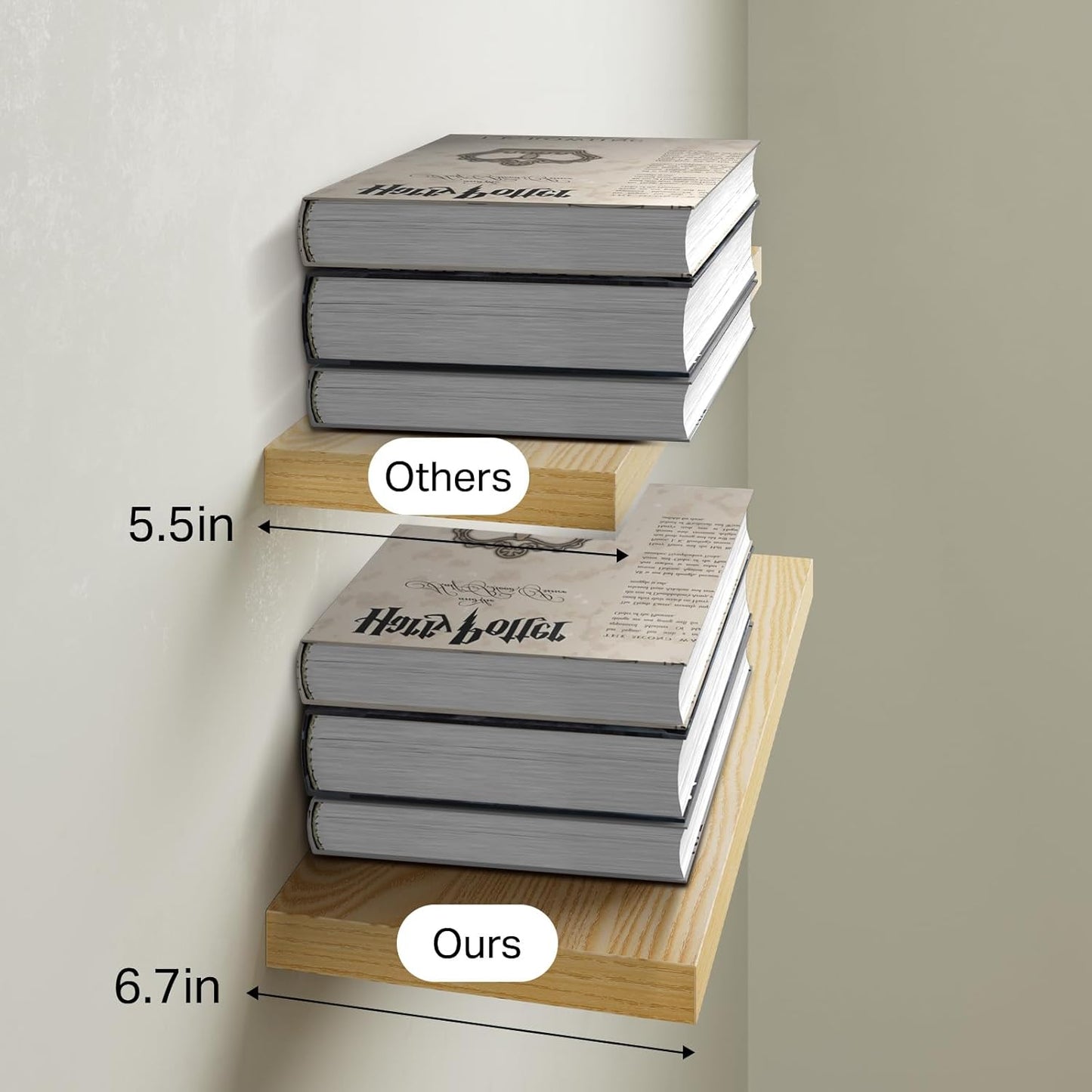 BAYKA Floating Shelves for Wall, 22.5 inches Wall Mounted Rustic Wood Shelves for Bathroom, Bedroom, Living Room, Floating Shelves for Books/Storage/Decor (Light Oak-Toned,Set of 3)