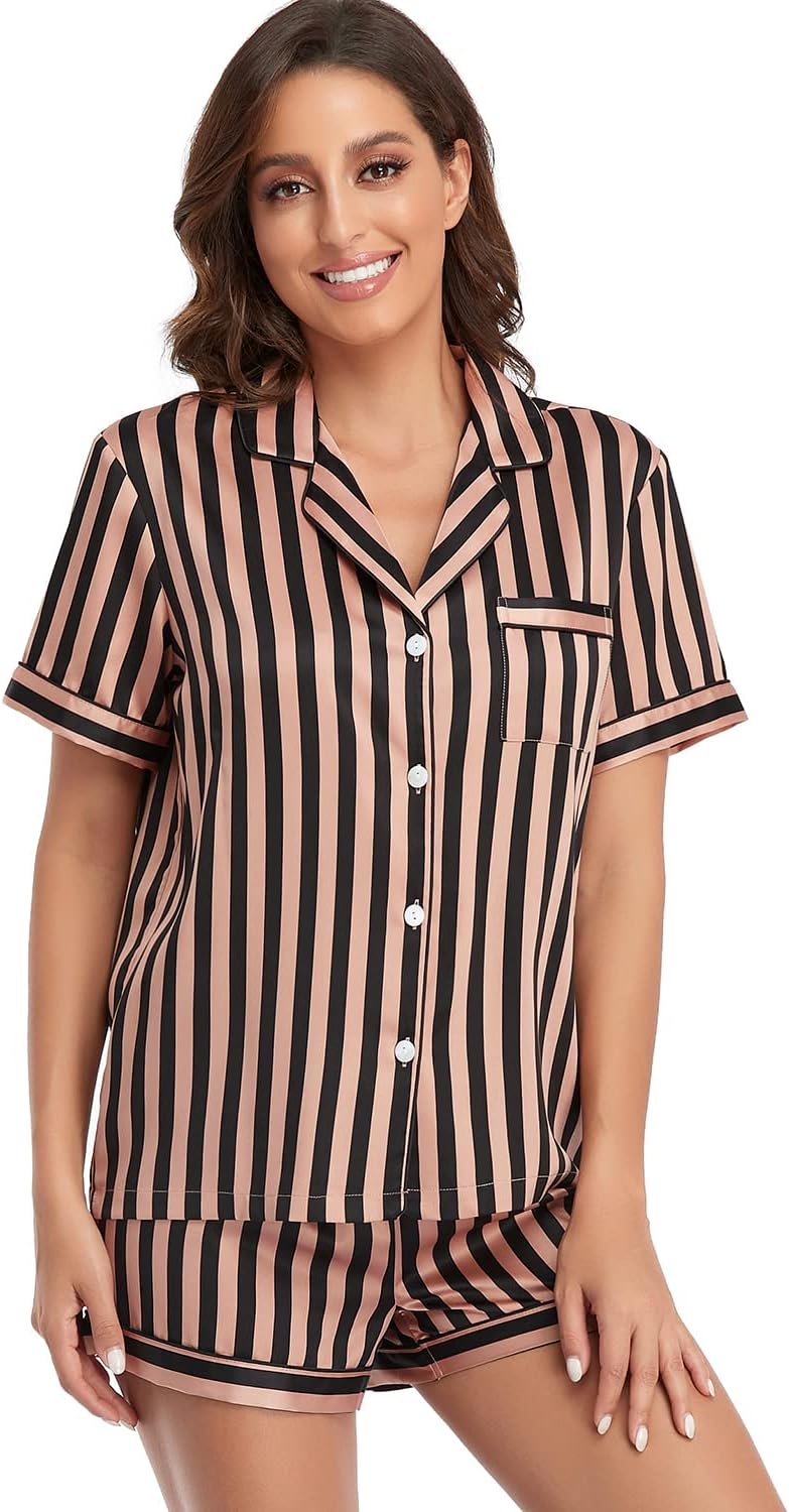 Women's Satin Pajama Set 2-Piece Sleepwear Loungewear Button Down Short Sleeve Silky PJ Set