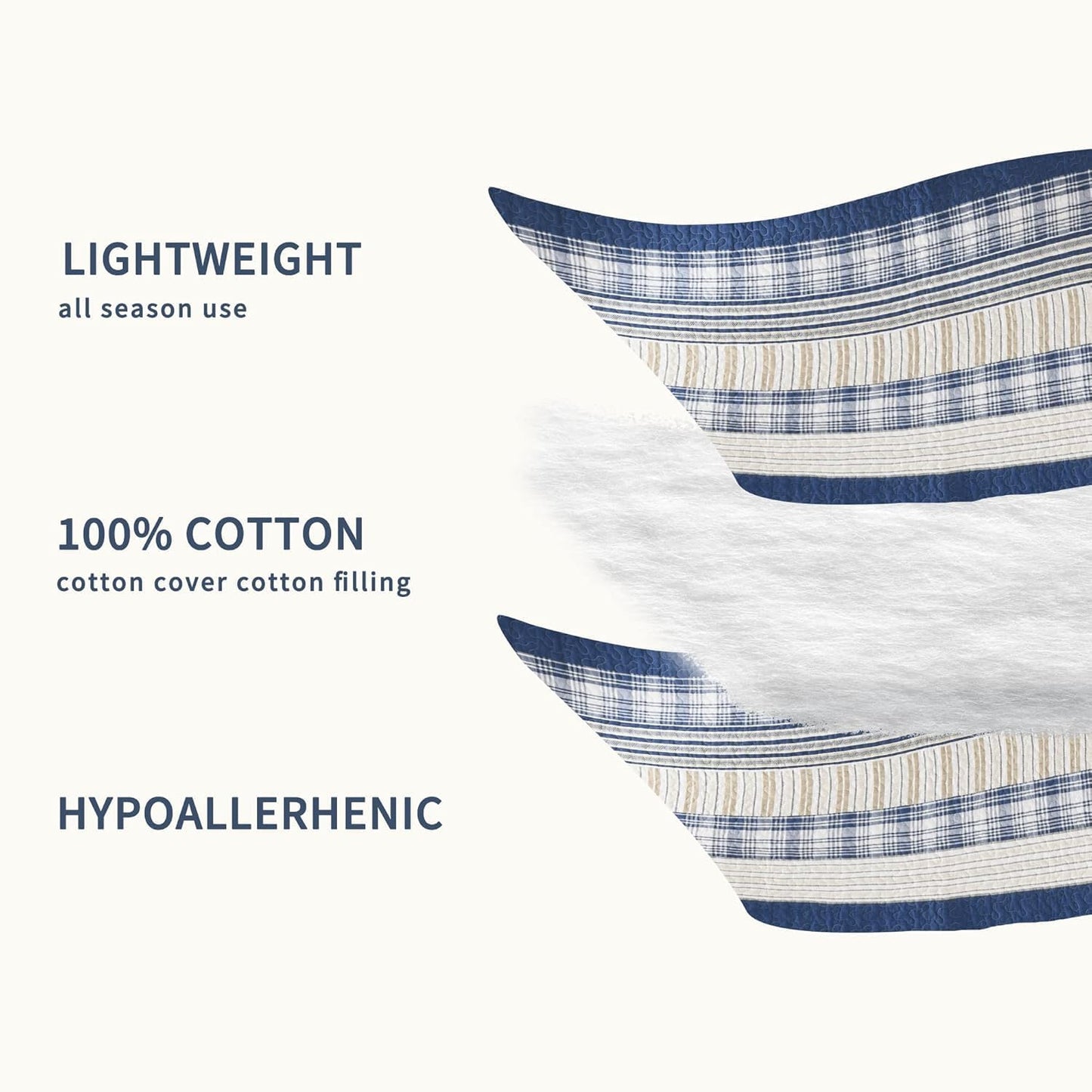 Homzard Twin Comforter- Blue Twin Bedding Sets, Plaid Striped Twin Quilt, Blue White Tan Quilt 100% Cotton, Farmhouse Comforter Bedspread 2 Pieces