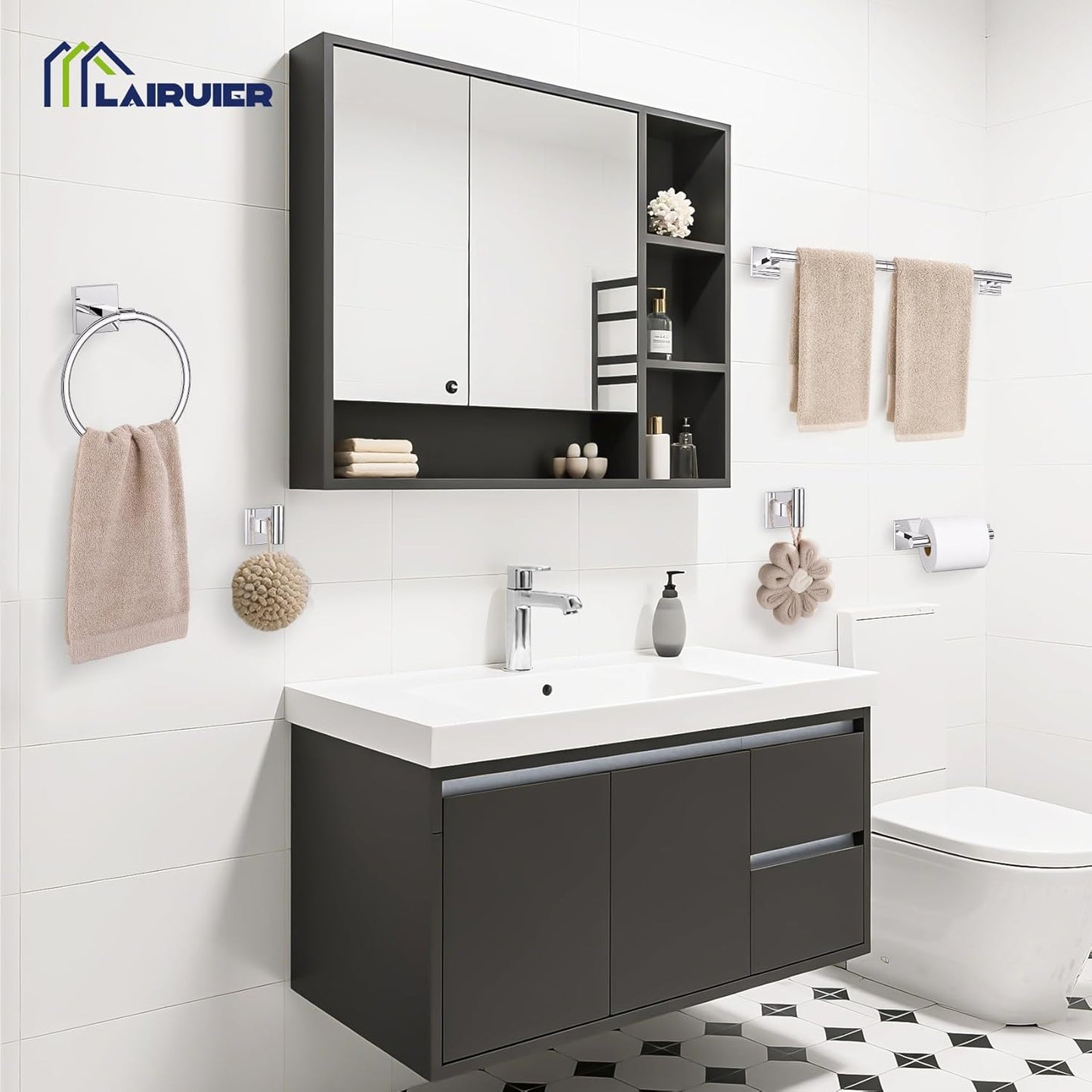 5 Pieces Bathroom Hardware Set Polished Chrome Towel Bar Set Includes 23.6” Towel Bar, Towel Ring Holder, Toilet Paper Holder and Two Towel Hooks, Bathroom Accessories Set SUS304 Wall Mounted