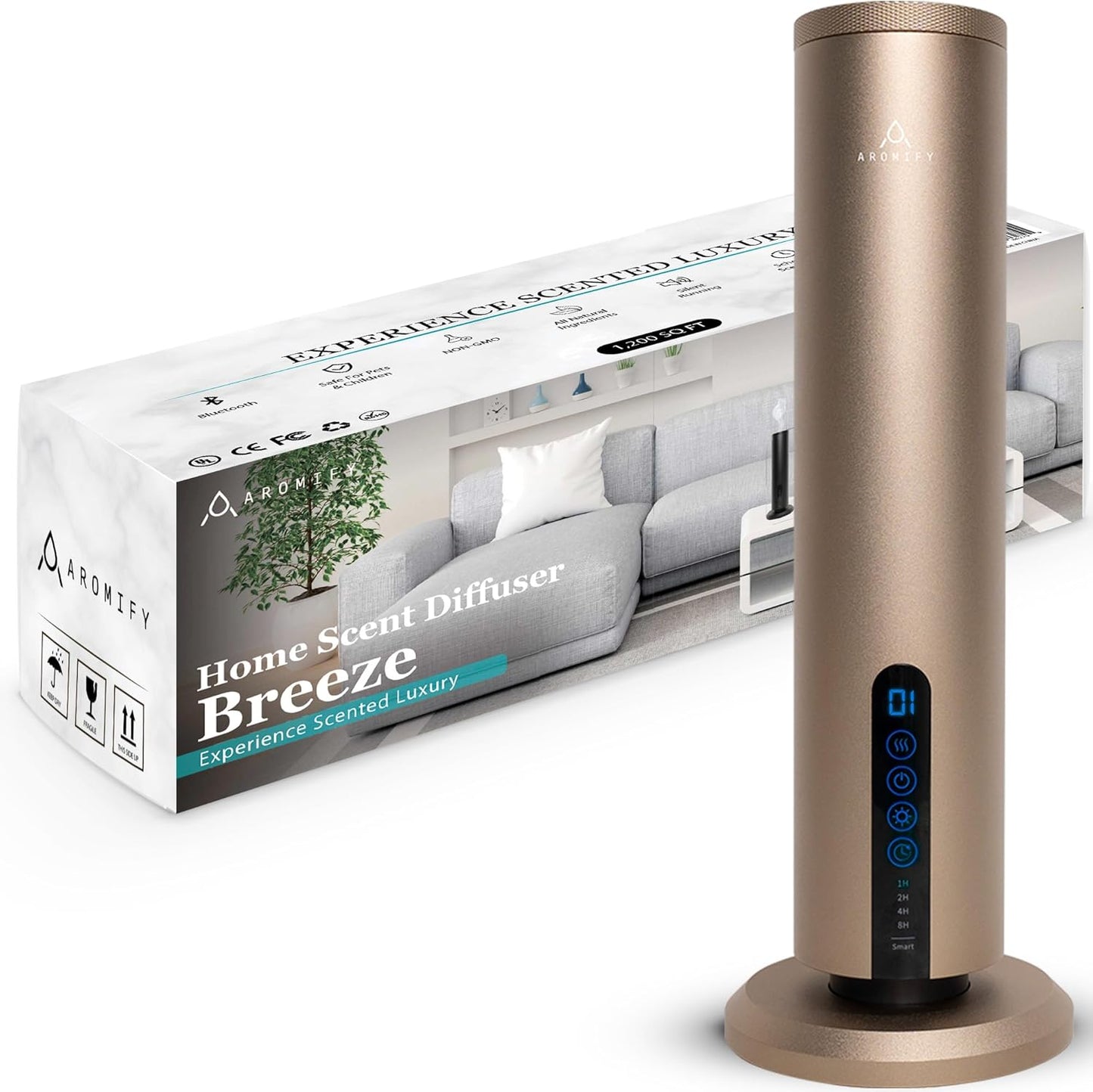 Breeze Diffuser for Home, Office & Spa, Scent Diffuser with Timing Controls, Wireless, Bluetooth Enabled, Safe for Pets & Kids, 1200 Sq Ft Coverage, No Residue, Gold (Oil Sold Separately