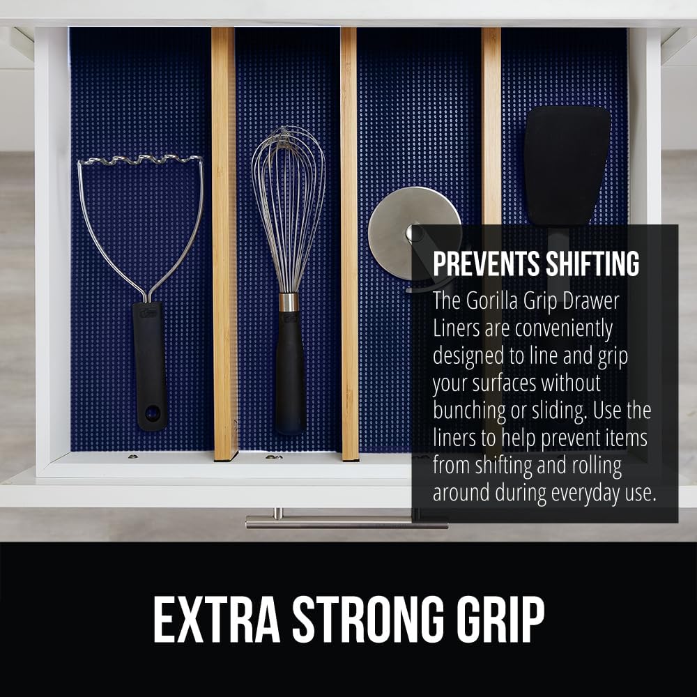 GORILLA GRIP powerGRIP Drawer Shelf and Cabinet Liner, Thick Strong Hold, Non-Adhesive Liners Protect Kitchen Cabinets and Cupboard, Bathroom Drawers, Easy Install, Breathable Mat, 12" x20', Navy Blue