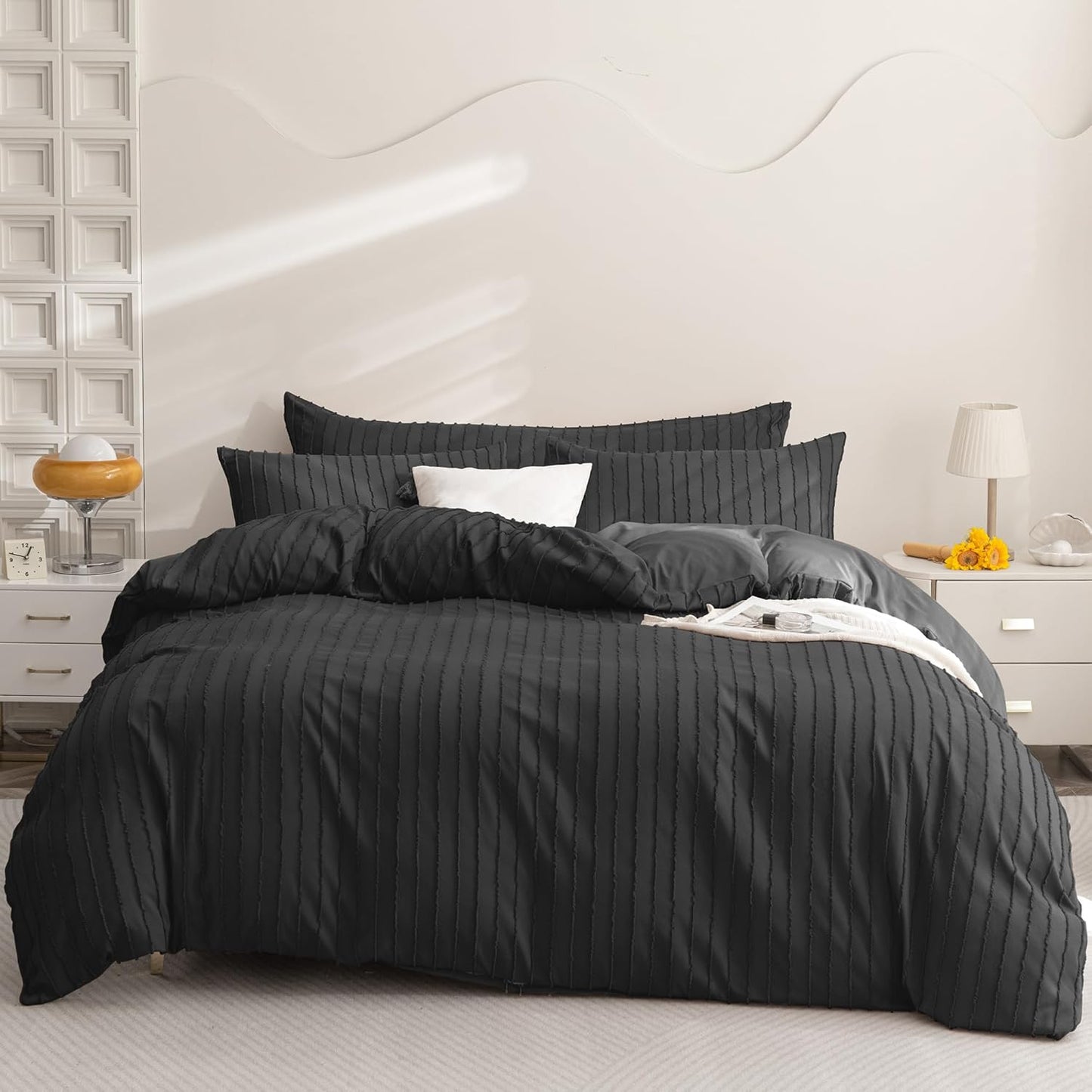 JELLYMONI Duvet Cover Full Size Black - 3PCS Boho Striped Duvet Cover Set Polyester Tufted Bohemian Textured Comforter Cover with Corner Ties & Zipper Closure