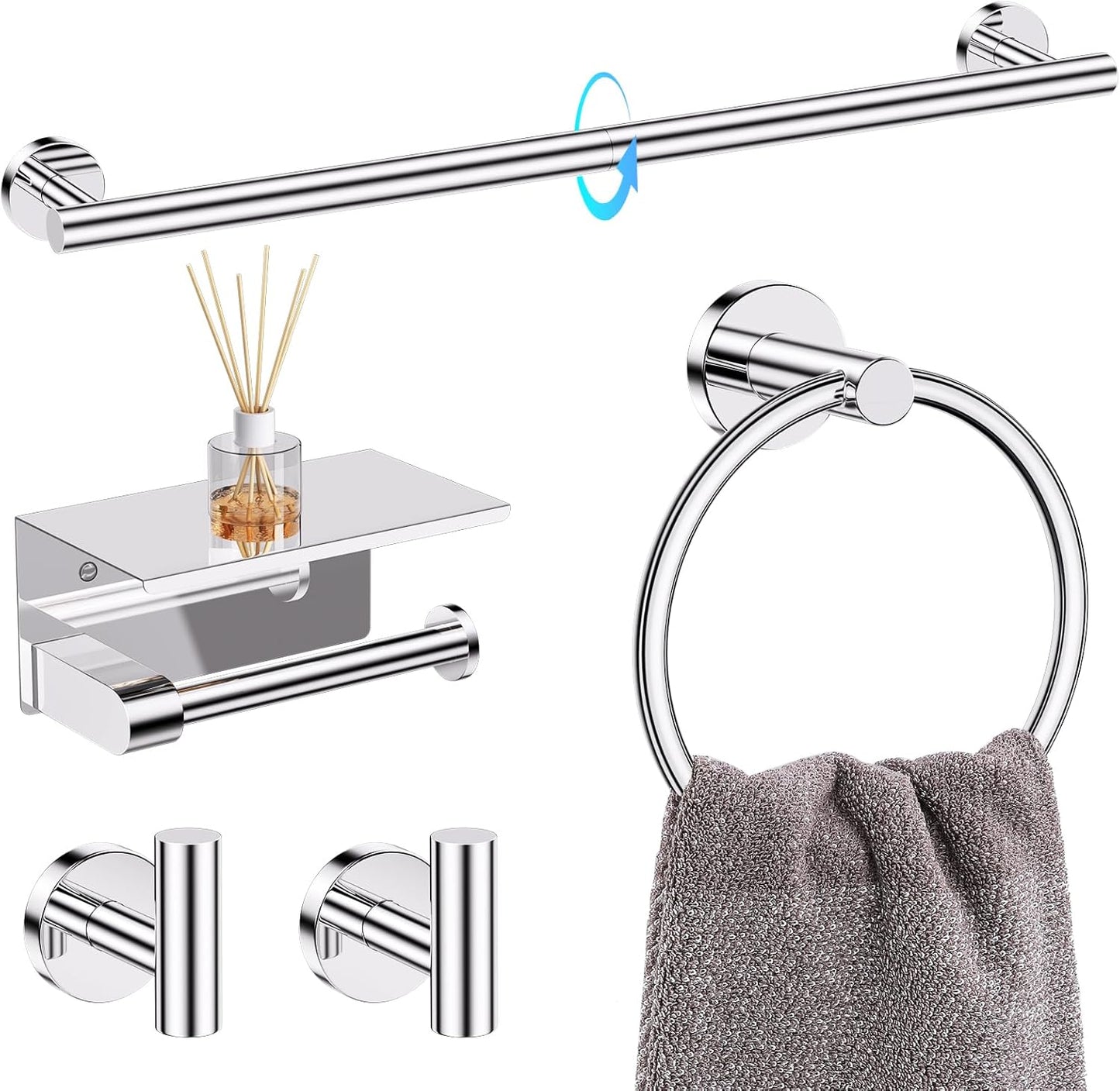 TQKAG 5 Piece Bathroom Towel Bar Holder Sets Polished Chrome Bathroom Hardware Set Stainless Steel Toilet Paper Holder with Shelf Bathroom Accessories Kit Wall Mounted