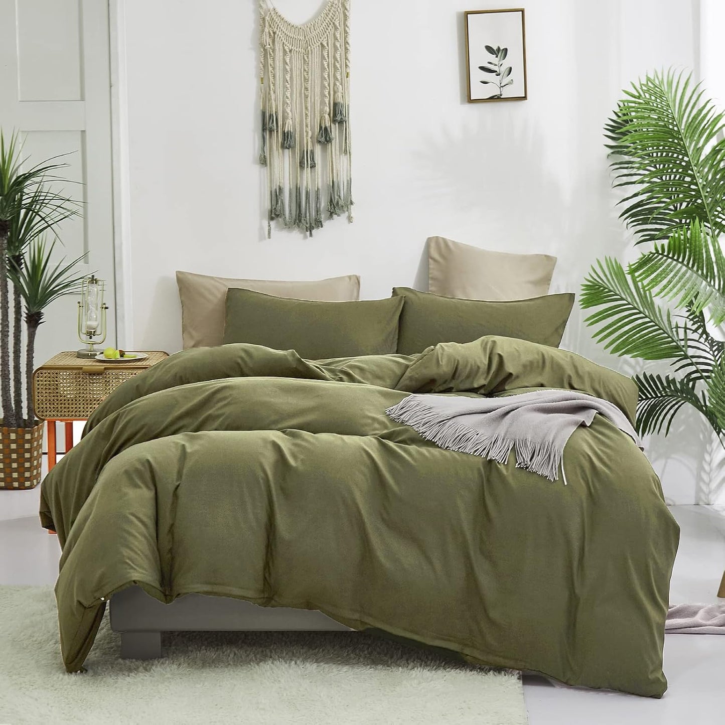 Cottonight Green Comforter Set Full Olive Green Bedding Set Plain Solid Color Blanket Quilts Modern Soft Breathable 3 Piece Classic Comforter Set for Full Bed