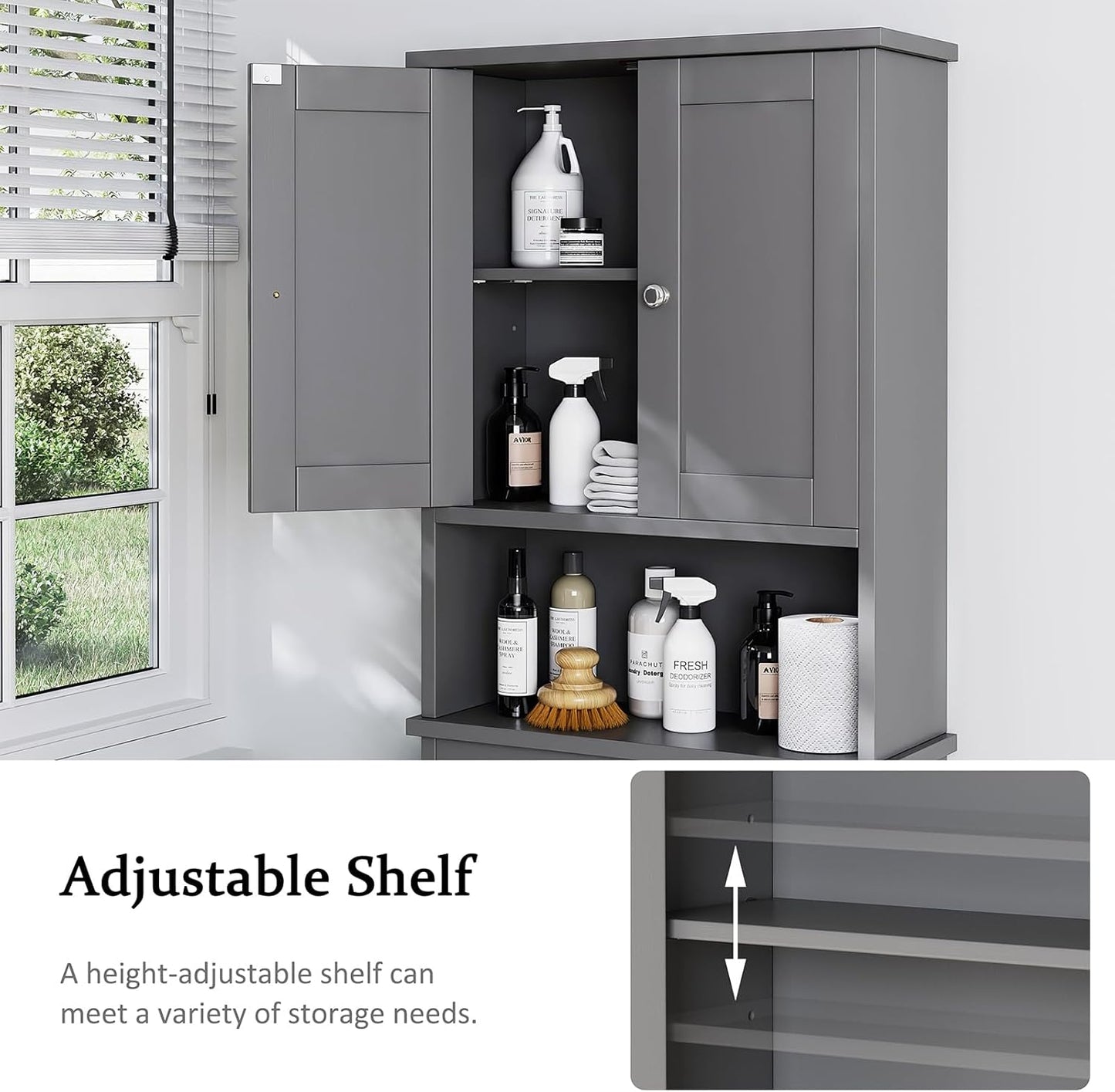 Meilocar Over The Toilet Storage Cabinet, Bathroom Storage Cabinet Over Toilet with 2 Wood Doors, Freestanding Space Saver, Adjustable Shelf & Open Shelf, Grey