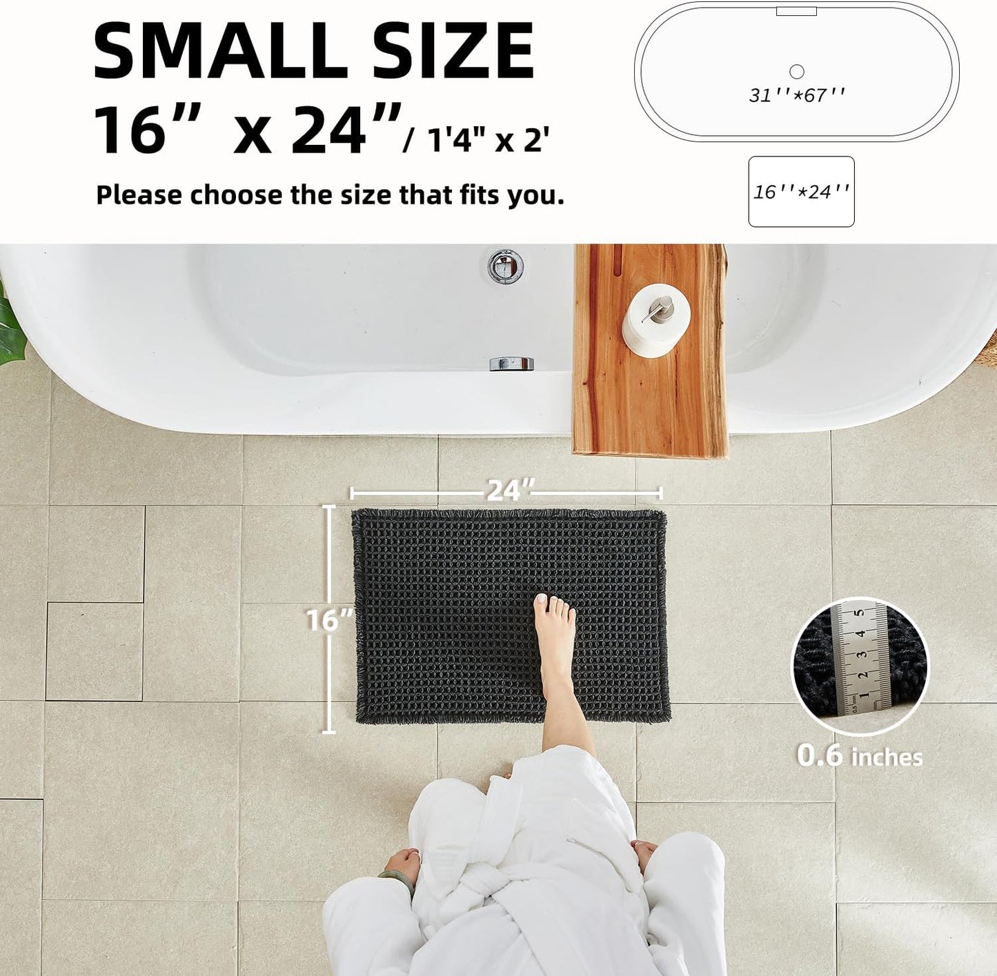 Black Bathroom Rug, Waffle Bath Mat Non Slip Washable Super Absorbent Quick Dry Boho Farmhouse Bathroom Decor, 24"x16" Black