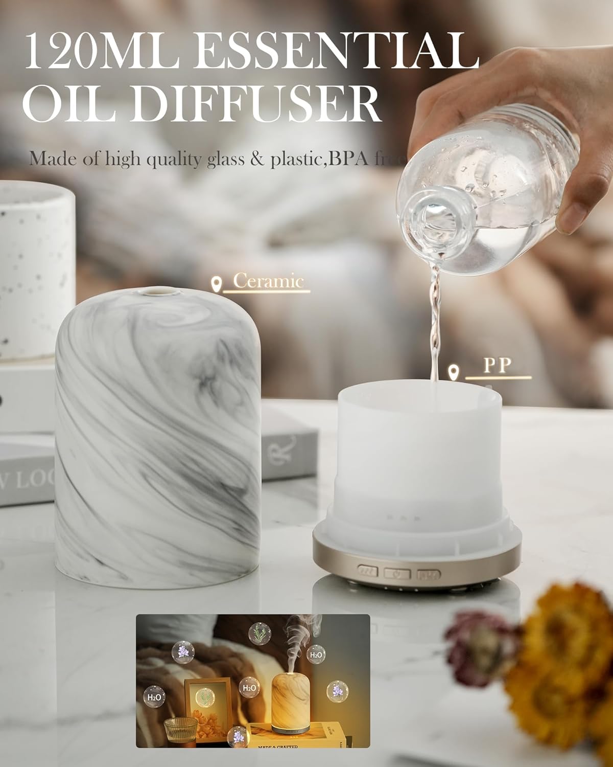 Essential Oil Diffuser – 2.4MHz Ultrasonic Aromatherapy Diffuser, Health Night Light, Timer & Auto Shut-Off, BPA-Free, 120ml Aroma Diffuser for Home, Office, Spa, Yoga, Hotel