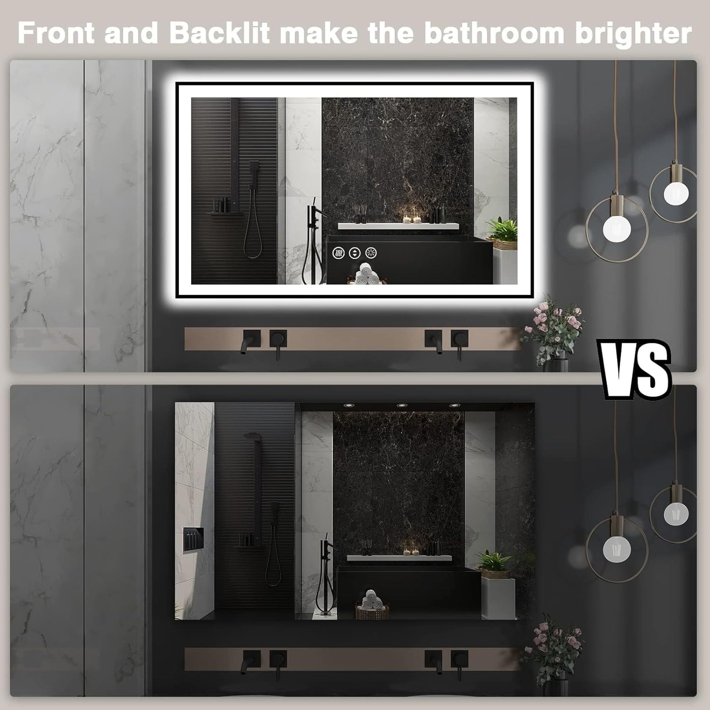 60x36 LED Bathroom Mirror - Black Aluminum Framed (Front and Backlit), Anti-Fog Smart Mirror, Stepless Dimmable, 3 Colors (Horizontal/Vertical)