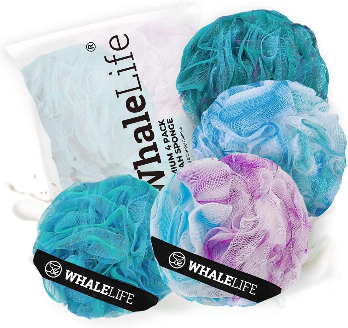 Loofah Sponge Bath Sponge for Women Men 4 Pack (Blue Conbine)