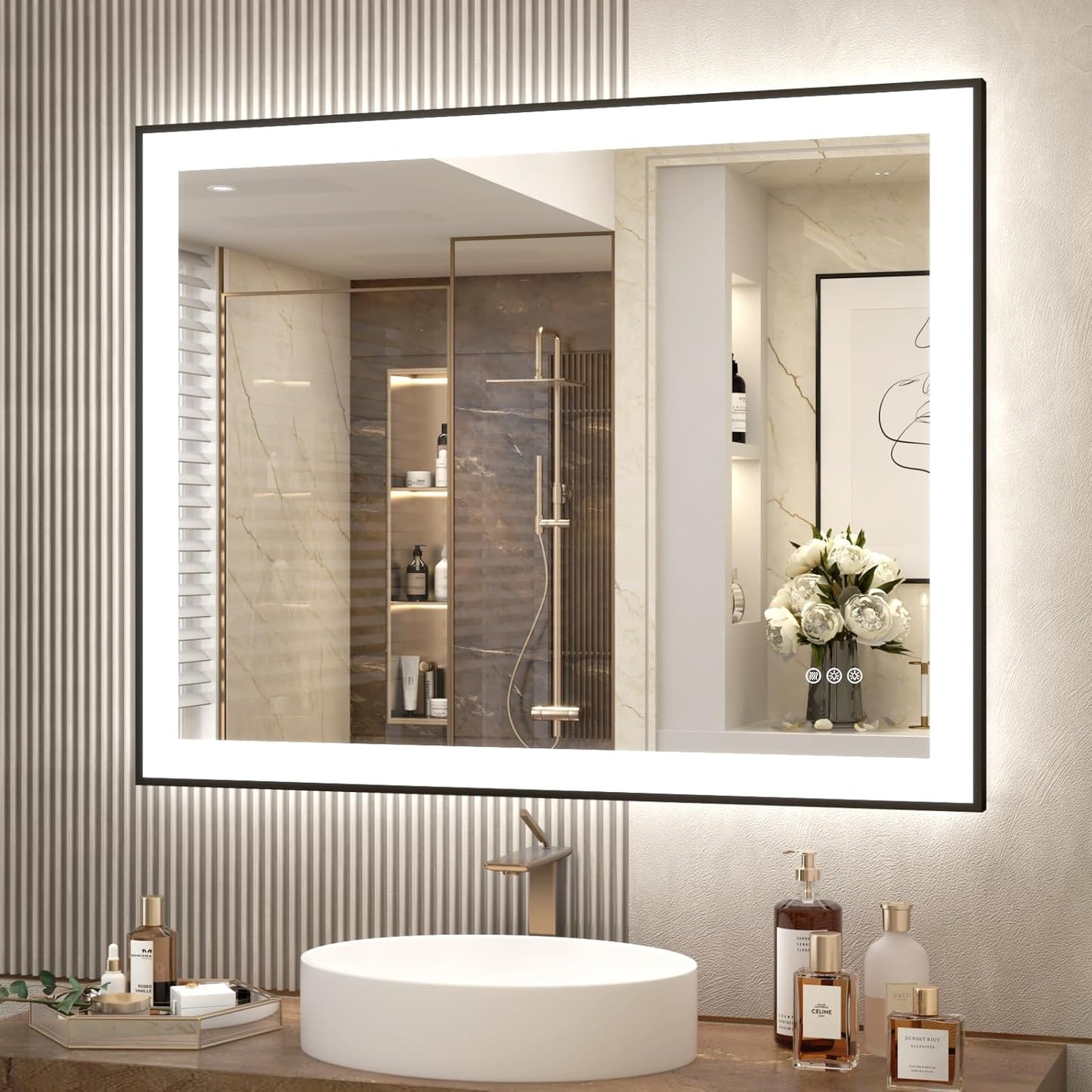 SMIROR 40x30 Black Frame LED Mirror for Bathroom Wall, Large Lighted Vanity Mirrors, Dimmable, Anti-Fog, Memory, Shatterproof, ETL Listed (Front Lights and Backlit)