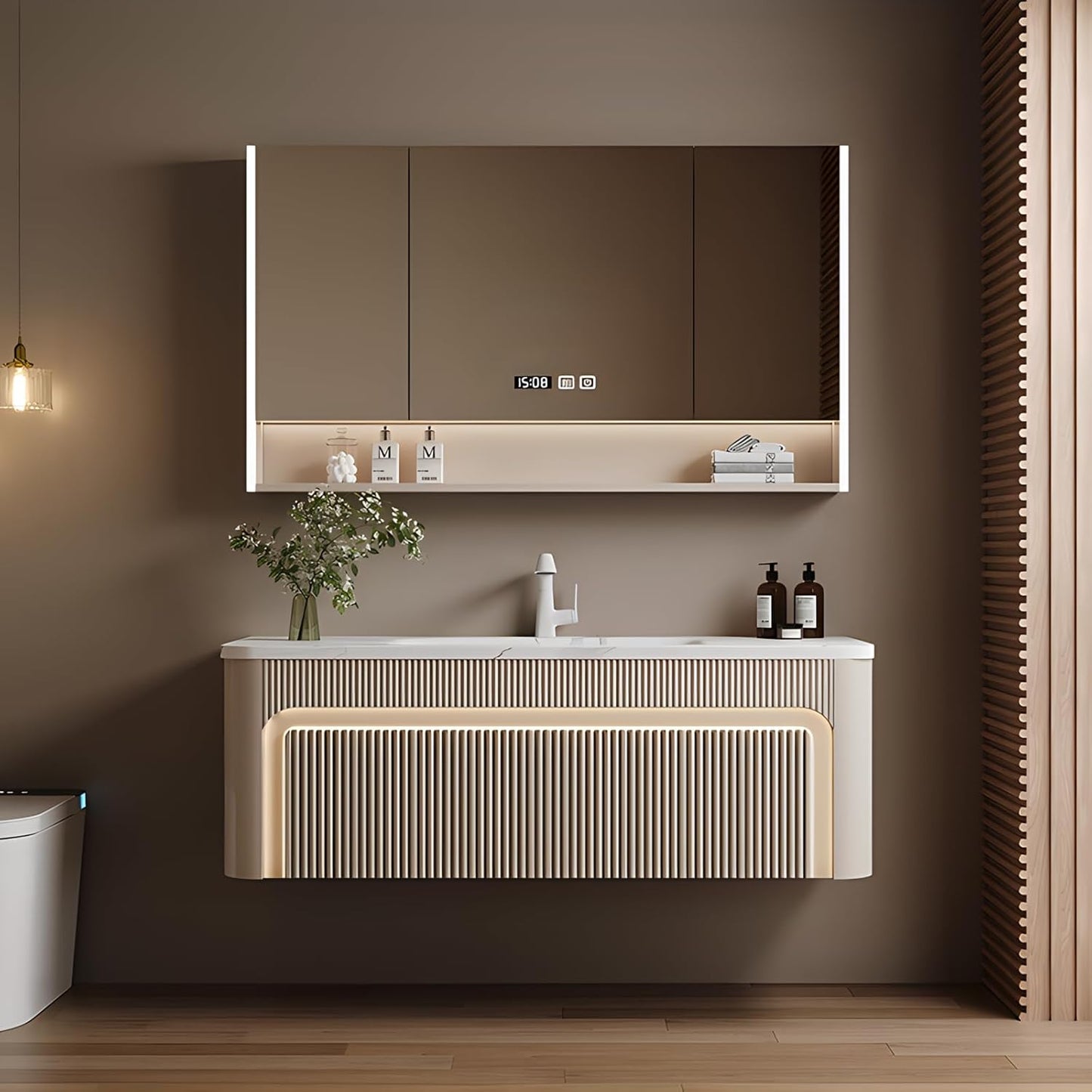 36” Bathroom Vanity Set, Floating Bathroom Vanities with Single Sink, Smart Defog Mirror Cabinet and LED Strip Light, Oak Wood Elegant Bathroom Cabinet with Storage Space (Milk Coffee)