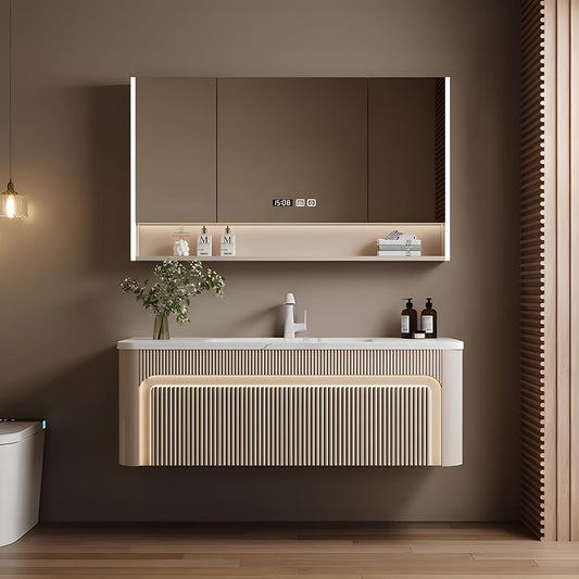 44” Bathroom Vanity Set, Floating Bathroom Vanities with Single Sink, Smart Defog Mirror Cabinet and LED Strip Light, Oak Wood Elegant Bathroom Cabinet with Storage Space (Milk Coffee)