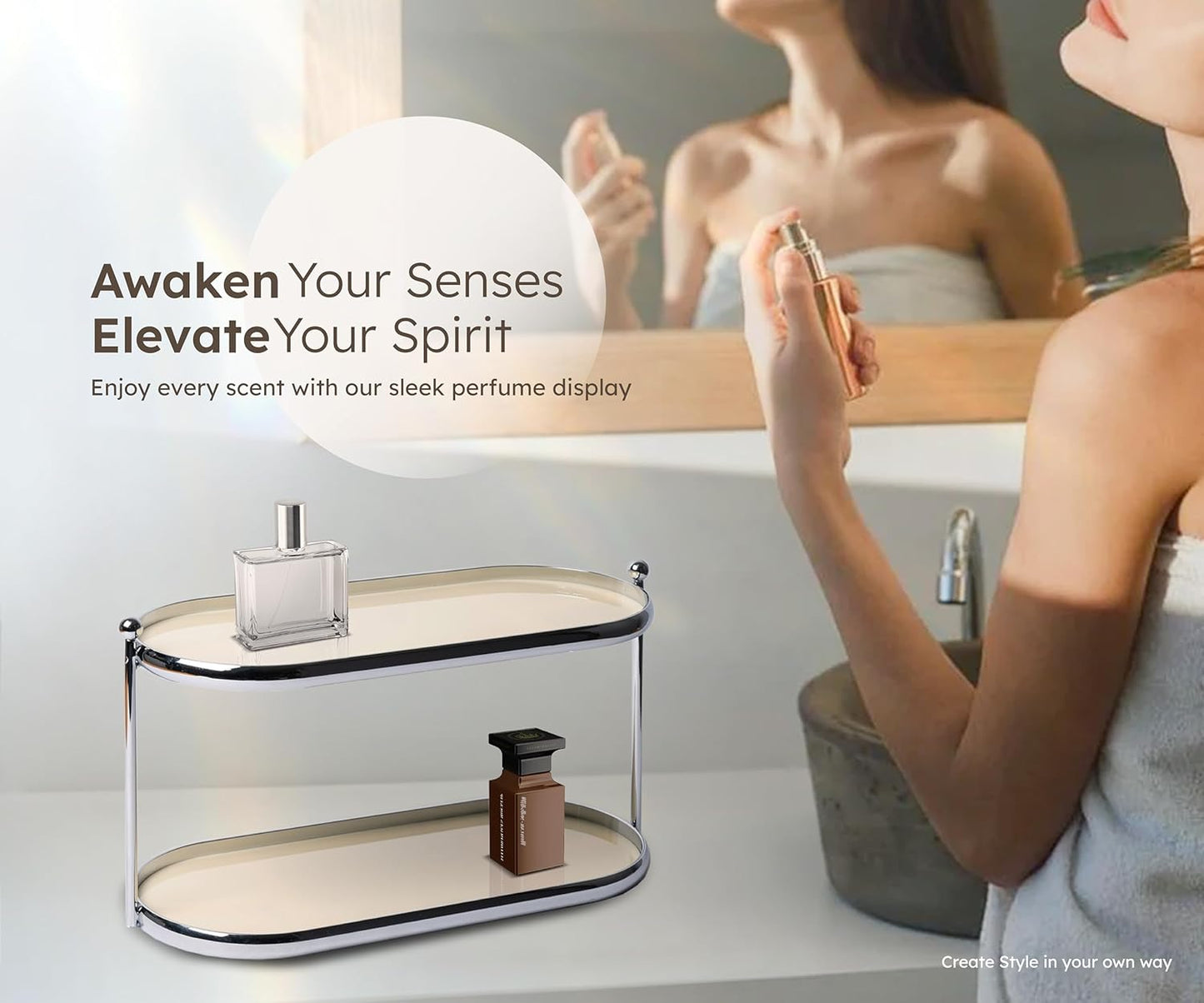 2 Tier Metal Frame Perfume Organizer in Stylish,and Minimalist Perfume Tray-Elegant Countertop Display Shelf for Skincare,Makeup,Trinket for Dresser,Vanity,Bathroom (Creamy White)