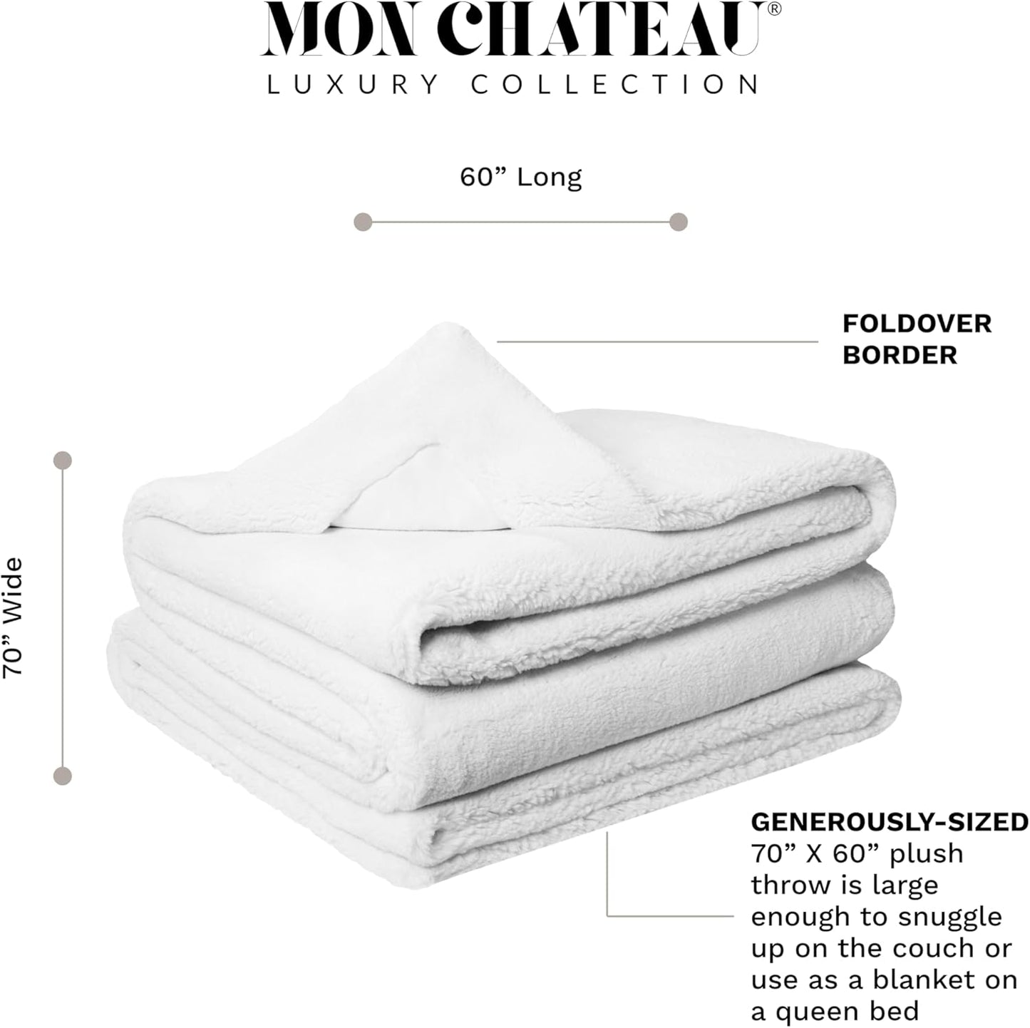 Mon Chateau 60" x 70" Embrace Foldover Faux Fur Throw, Plush Throw with 6cm Foldover for Couch, Sofa, or Bed, Ultra Soft Blanket for Sleeping or Home Decor, Moonlit Cream