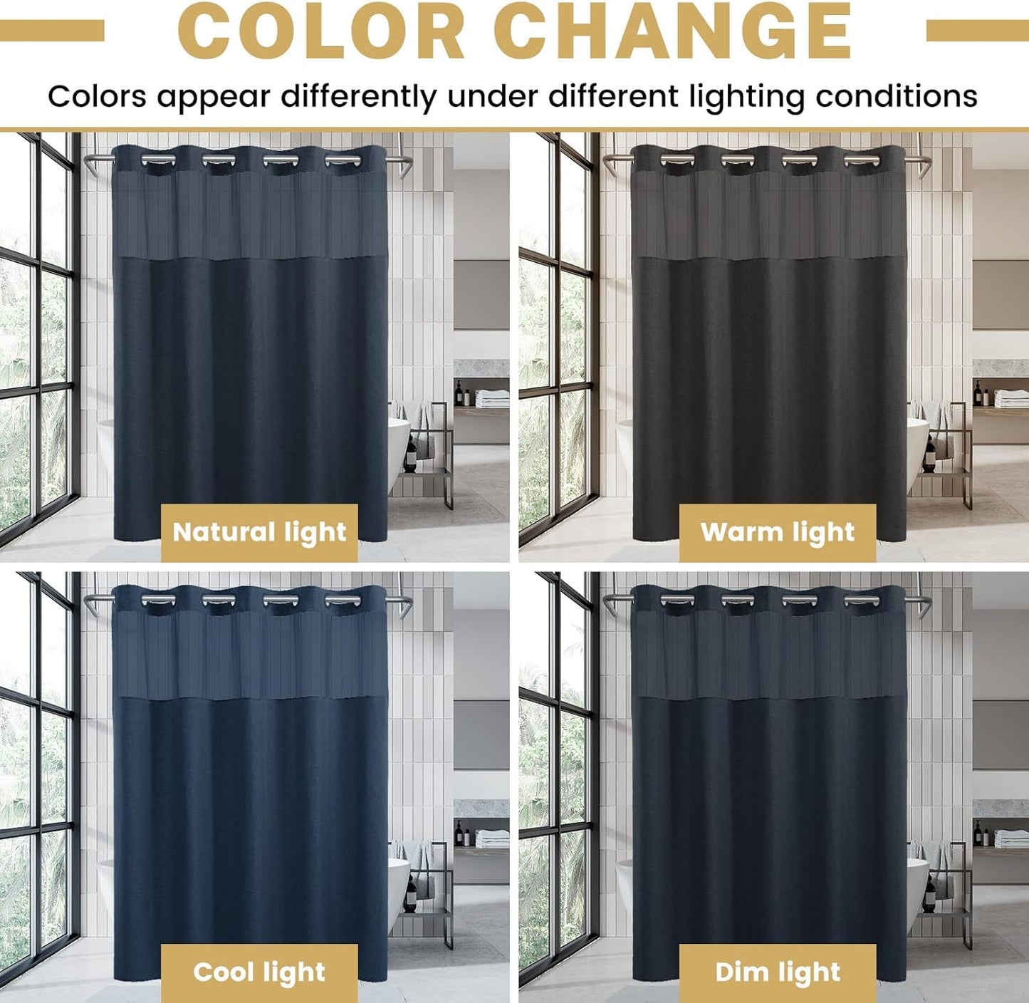 Extra Long No Hook Shower Curtain with Snap in Liner, Polyester Textured Shower Curtain with Liner Set, Waterproof Washable Hotel Style Shower Curtains for Bathroom, 71Wx86H, Navy