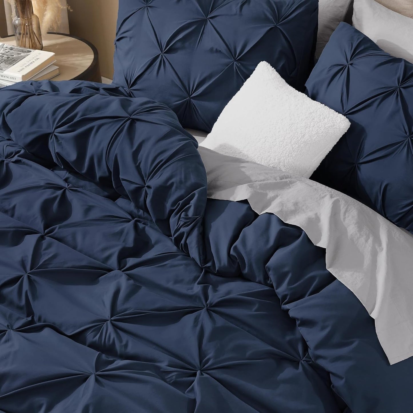 Litanika Navy Blue California King Pinch Pleat Duvet Cover, 3 Pieces Pintuck Cover Soft Microfiber Bedding Set with Zipper Closure & Corner Ties(1 Duvet Cover, 2 Pillowcases)