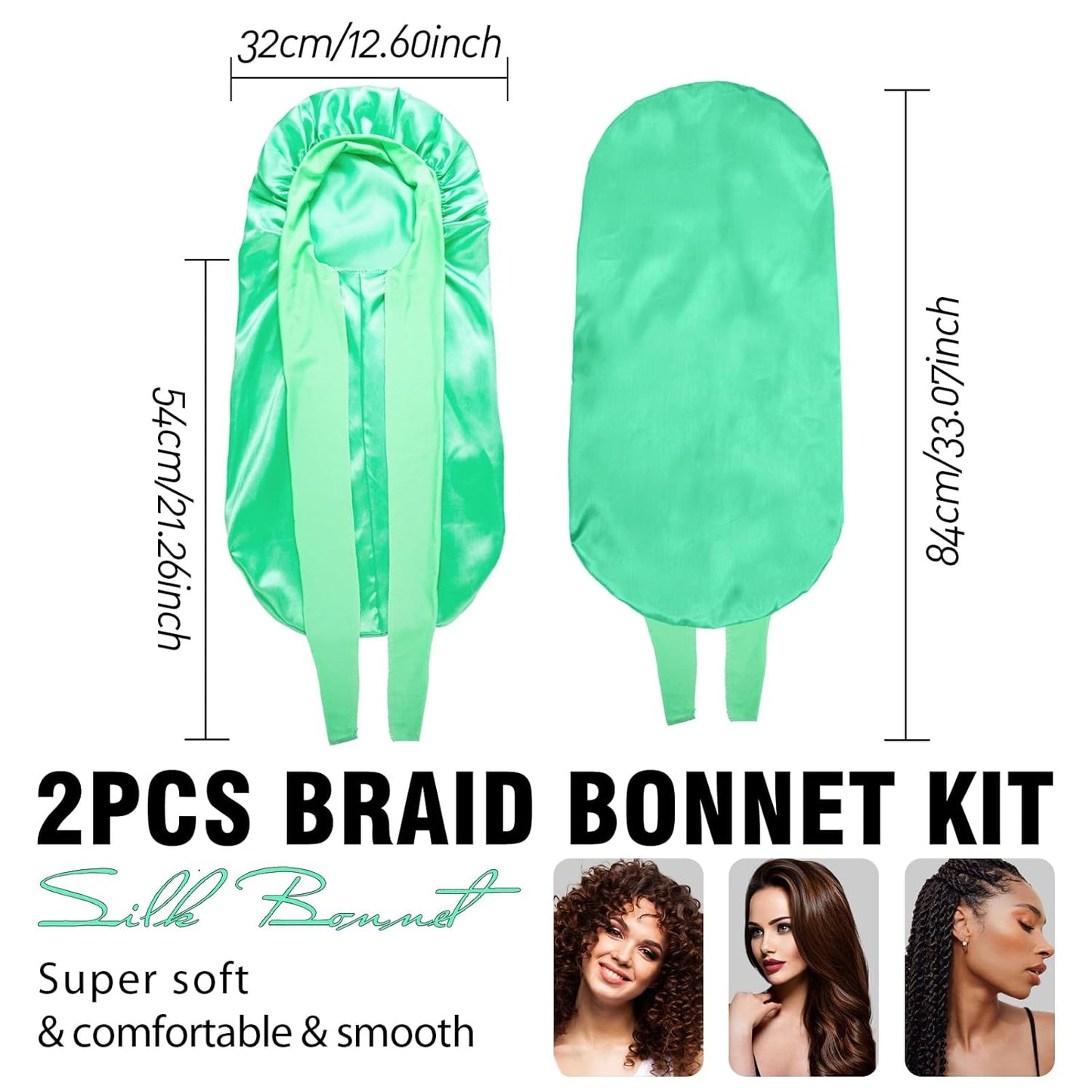 2Pcs Bonnets for Black Women Braid Bonnet, Large Long Satin Bonnet for Braids, Silk Bonnet with Stretchy Tie Band Sleep Cap Hair (2Pcs-Black&Green)
