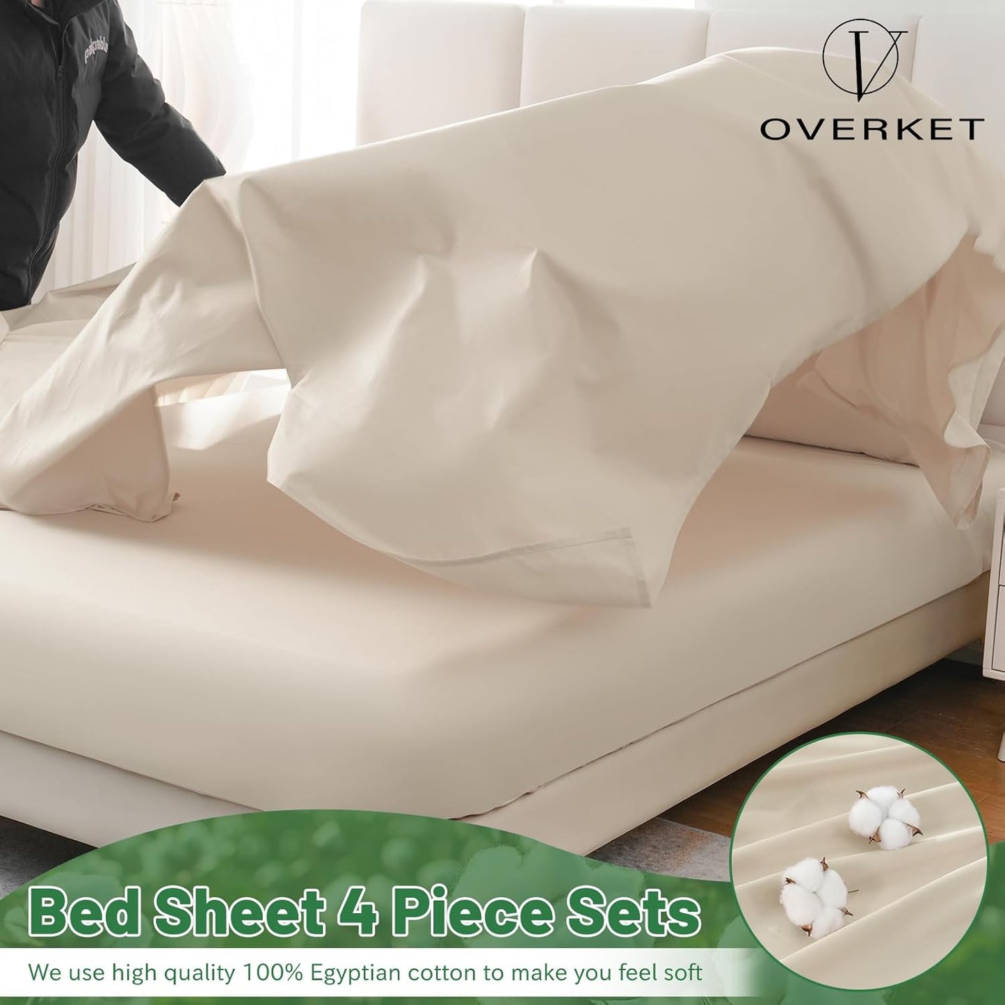 100% Egyptian Cotton Sheets King Size 1000 Thread Count Sateen Weave Soft Breathable 16-Inch Deep Pocket 4PCS（King,Linen）