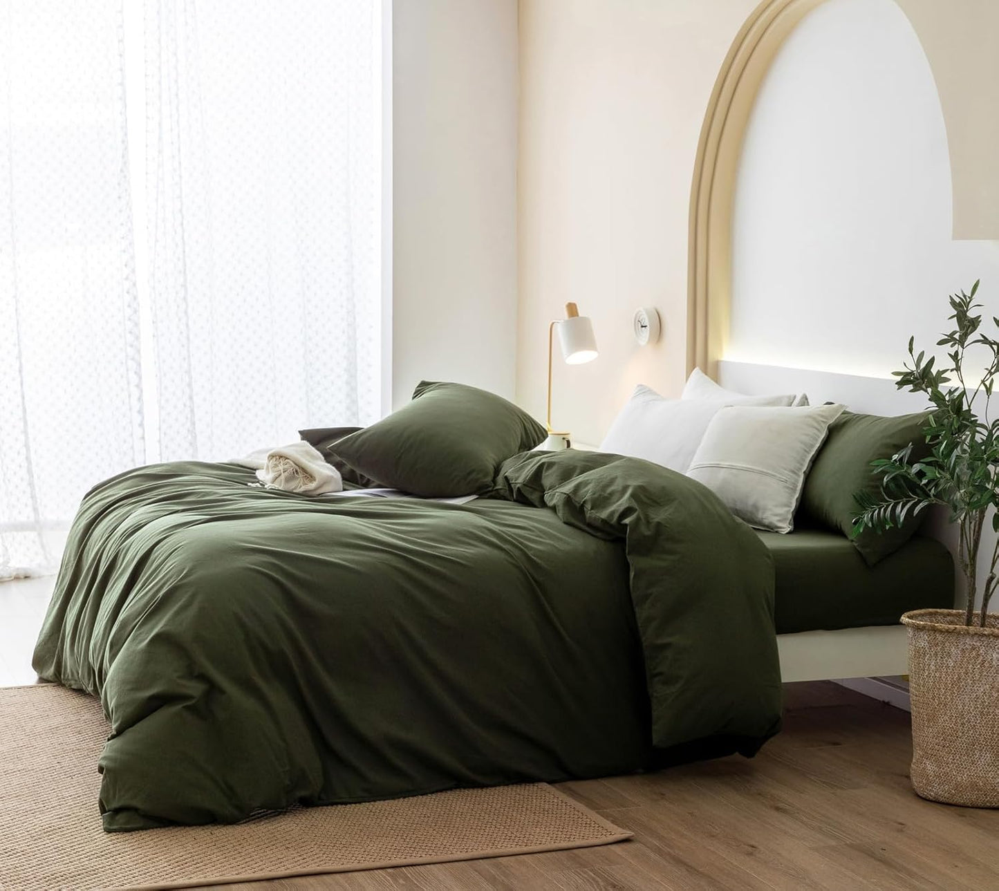 JIYUAN 100% Washed Cotton Duvet Cover Set 3 Pieces Super King, 1 Duvet Cover 108x98 Inches(Comforter Not Included) and 2 Pillowcases,Linen Feel Bedding Set Comfy and Breathable,Olive Green