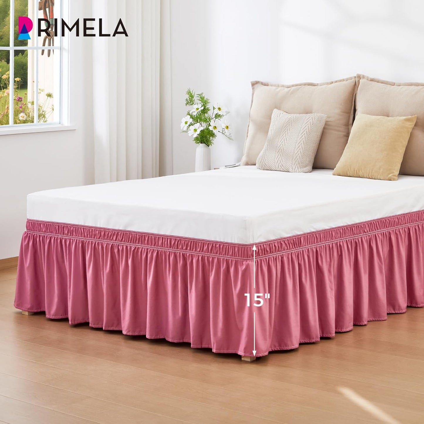 RIMELA Dusty Red Bed Skirt Queen Size 15 Inch Drop, Wrap Around Elastic Bedskirt, Dust Ruffle for Adjustable Bed Base Machine Washable Easy to Install Bed Skirts