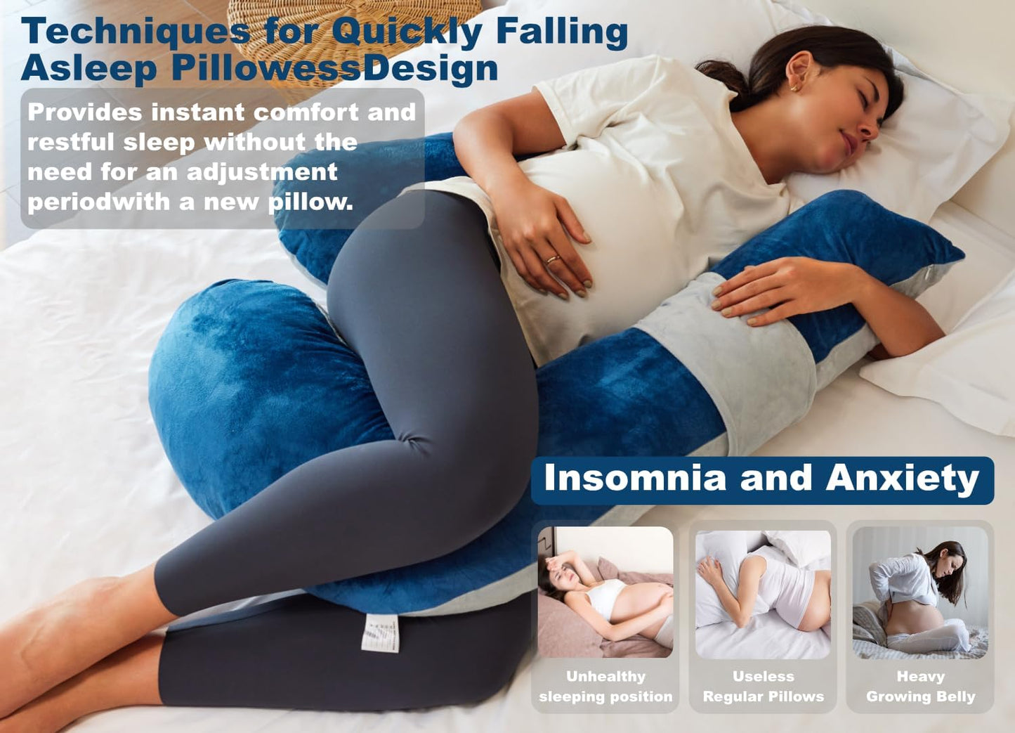 Pregnancy Pillow, Soft Maternity Pillow with Detachable & Adjustable Pillow Cover, Full Body Pillow for Adults Sleeping, Support for Back, Belly, Legs, HIPS Grey and Blue