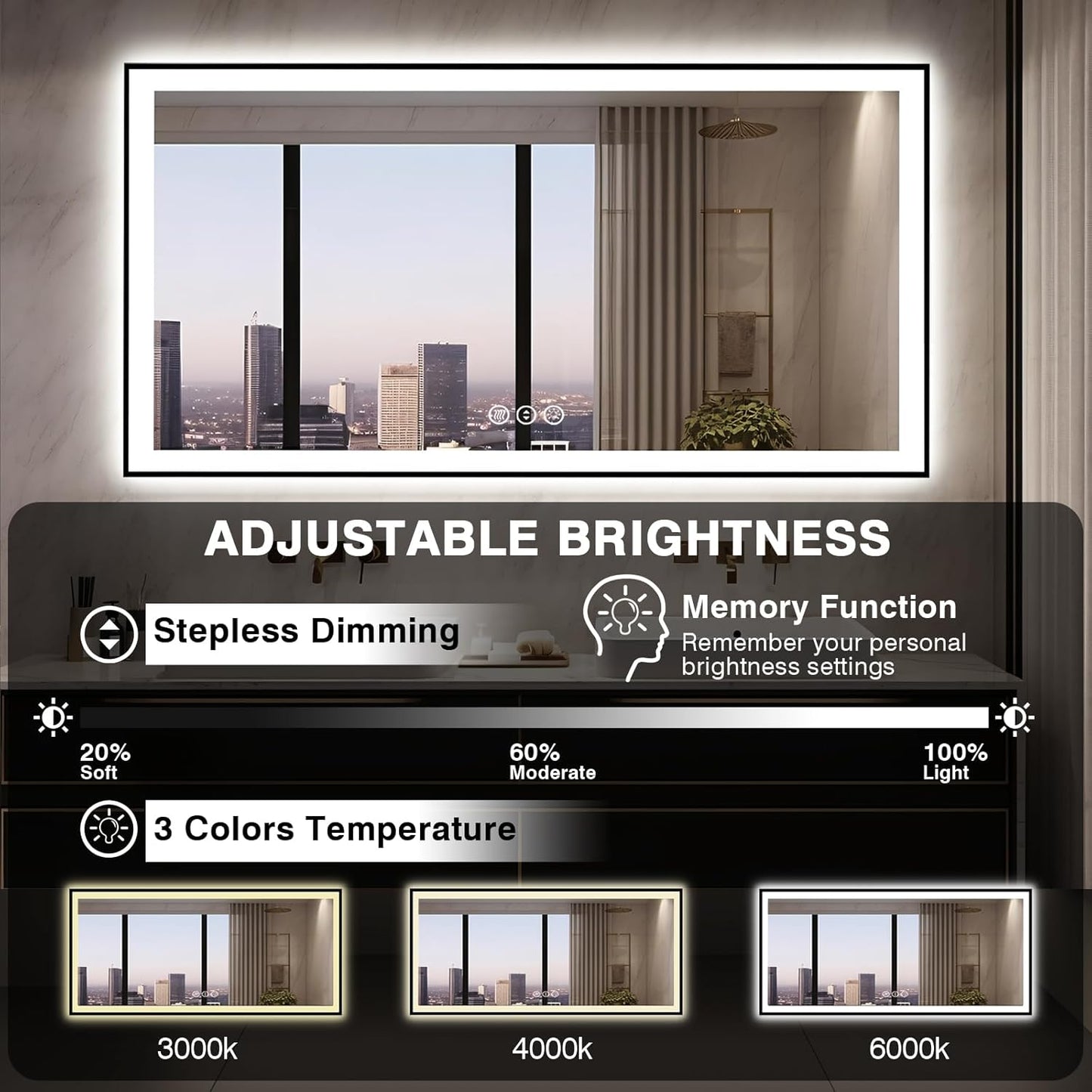 60x28 LED Bathroom Mirror for Wall - Black Aluminum Framed (Front and Backlit), Anti-Fog Vanity Mirror with Lighting, Stepless Dimmable, 3 Colors Smart Design (Horizontal/Vertical)