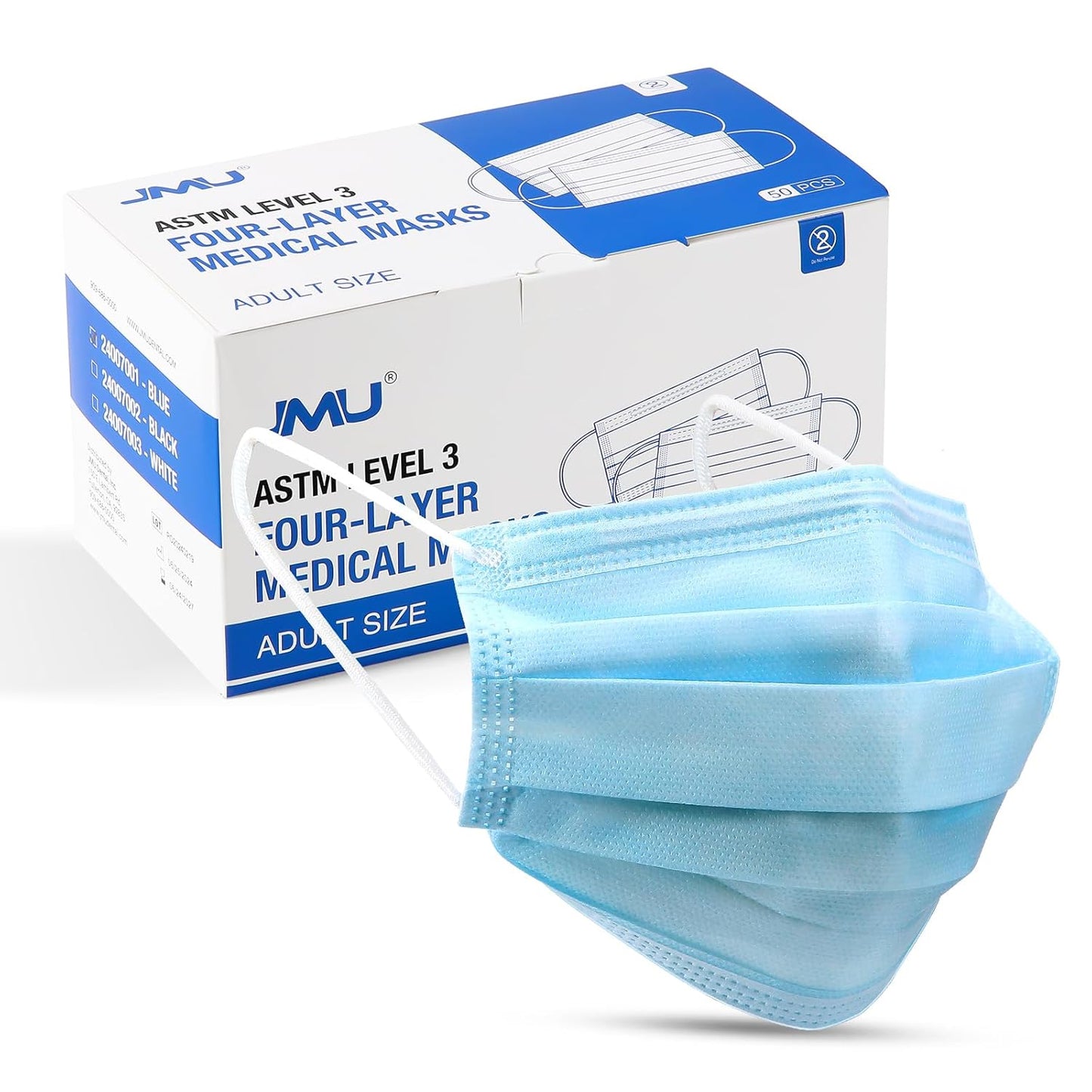 JMU Level 3 Disposable Face Mask 4-Ply for Adult, Medical Grade, ≥98% Filtration, Breathable & Comfortable, 50 Pack