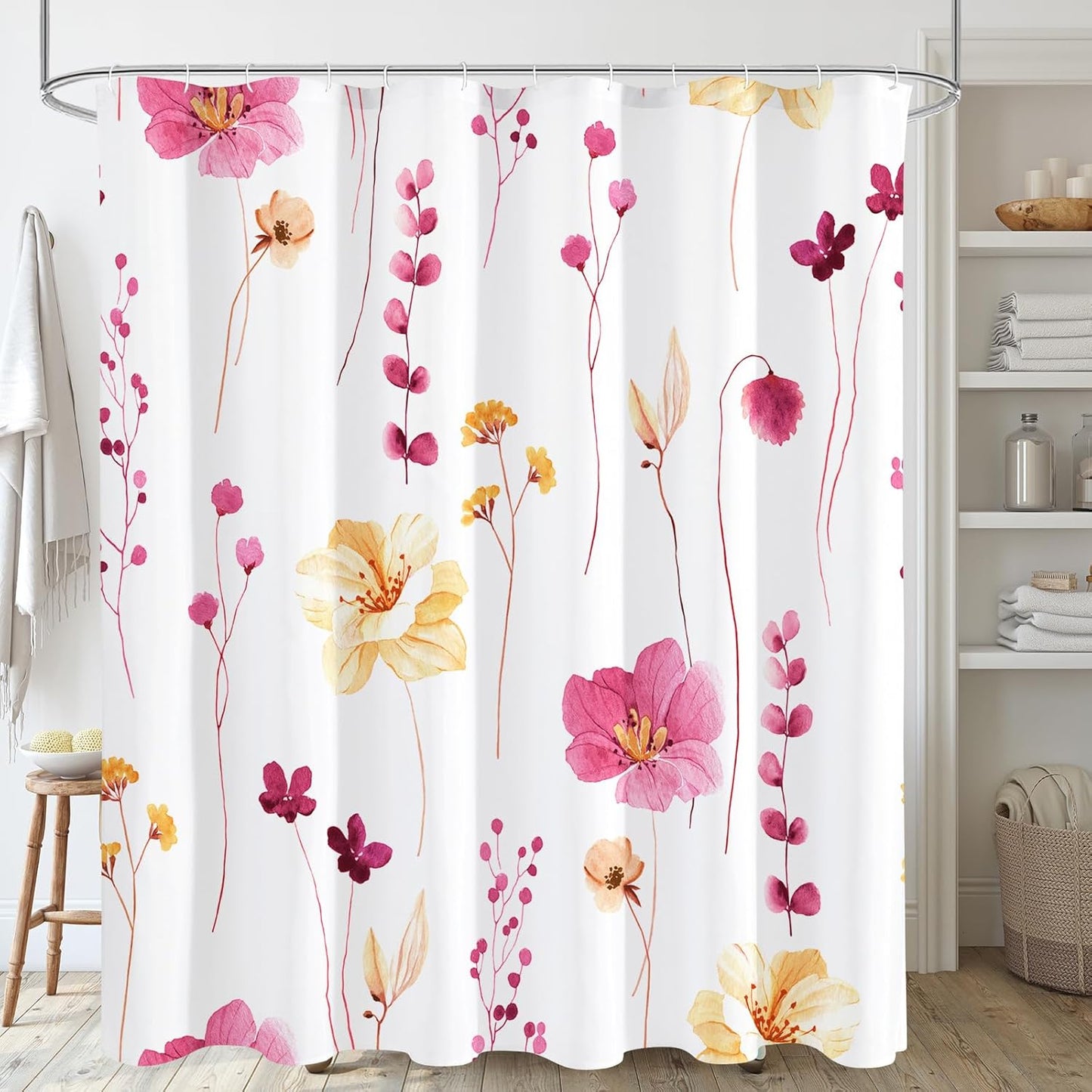 Gibelle Watercolor Floral Shower Curtain, Hot Pink Flower Shower Curtain for Bathroom, Modern Minimalist Waterproof Fabric Shower Curtain Set with Hooks 72x72 Inch