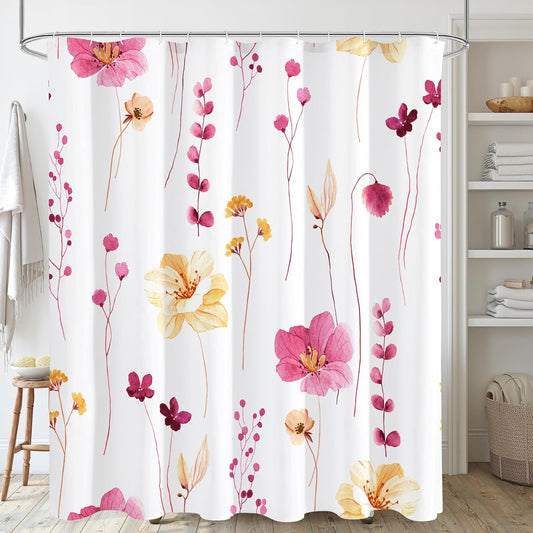 Gibelle Watercolor Floral Shower Curtain, Hot Pink Flower Shower Curtain for Bathroom, Modern Minimalist Waterproof Fabric Shower Curtain Set with Hooks 72x72 Inch