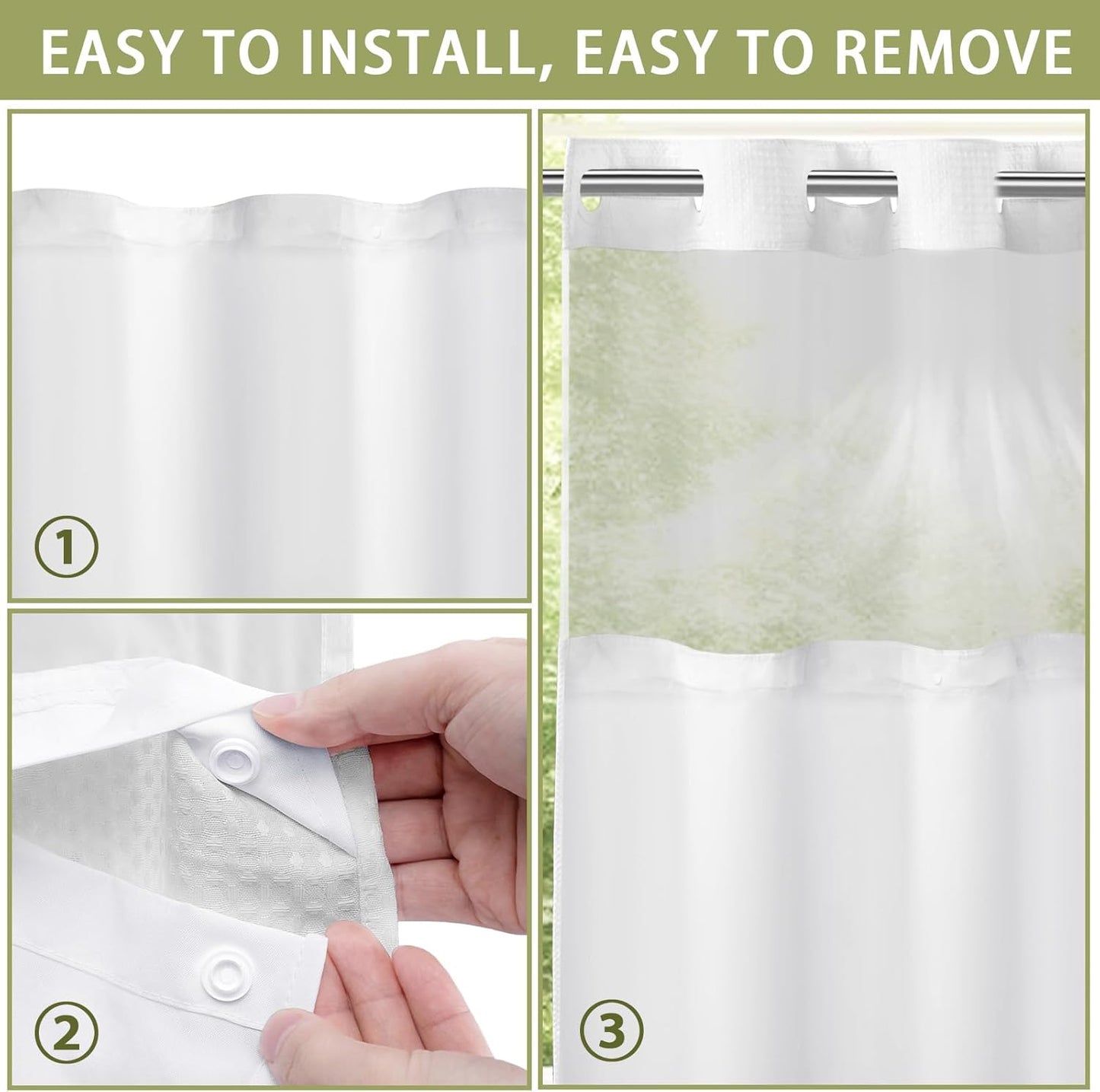 YellyHommy Waterproof Fabric Snap in Shower Curtain Liner Replacement with 2 Magnets 35" W x 55" L for 36" W x 75" L No Hook Shower Curtain - Removable & Detachable to Wash - White