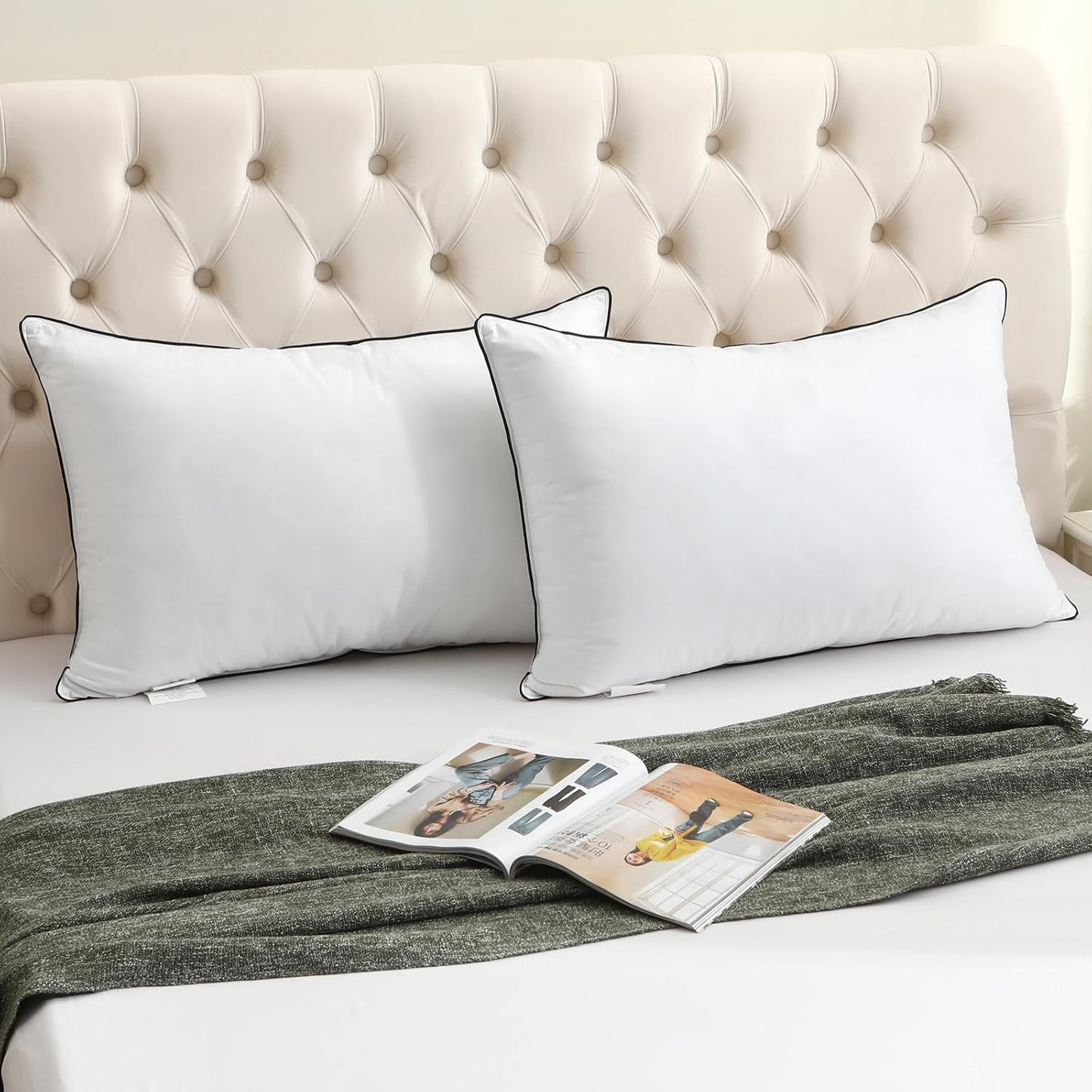 BPC Goose Feather Down Pillows Queen Size Set of 2, Luxury Hotel Collection Bed Pillows for Sleeping, 100% Organic Cotton Cover, Fluffy and Soft Support Surround Fill Polyester, Medium Firm, 20"x30"