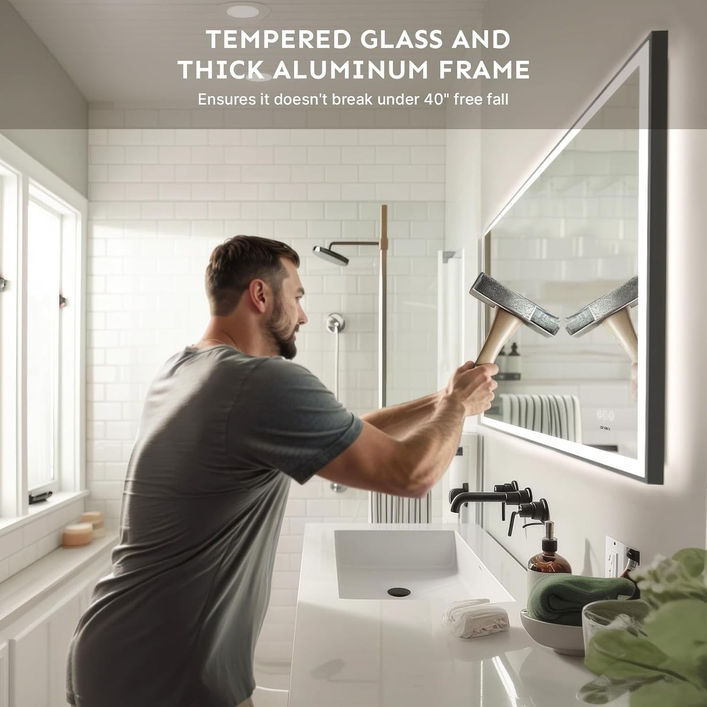 28x36'' LED Bathroom Mirror w/Light, Aluminum Frame, Dimmable Front & Backlit, Anti-Fog, Distortion Free, Light Memory, Tempered & Shatter-Proof Wall Mounted Vanity Silver Coating Mirror