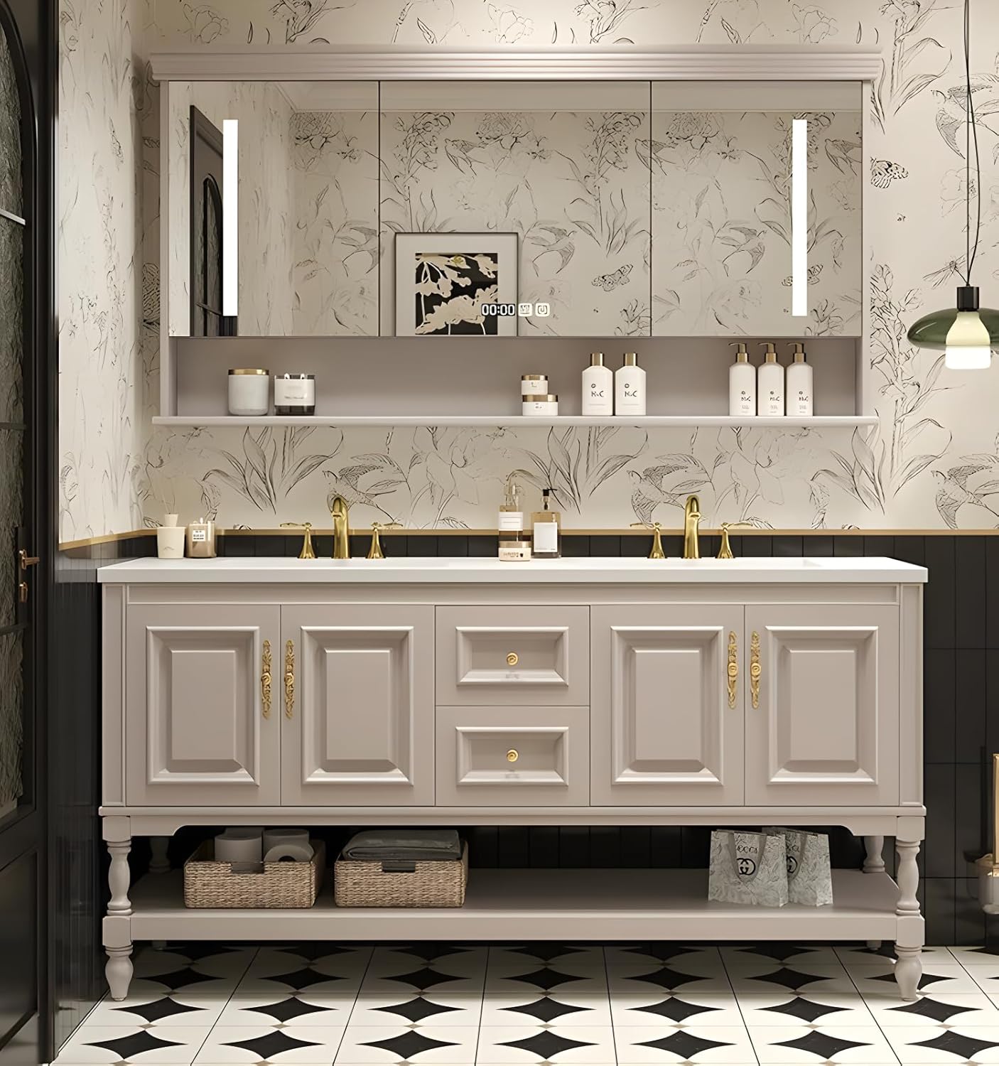 56" Double Bathroom Vanity with Sink,Freestanding Bathroom Vanity Large Storage Cabinet & Open Mirror Cabinet,4 Soft Closing Doors and 2 Drawers Solid Wood Luxury Bathroom Vanities Set,White