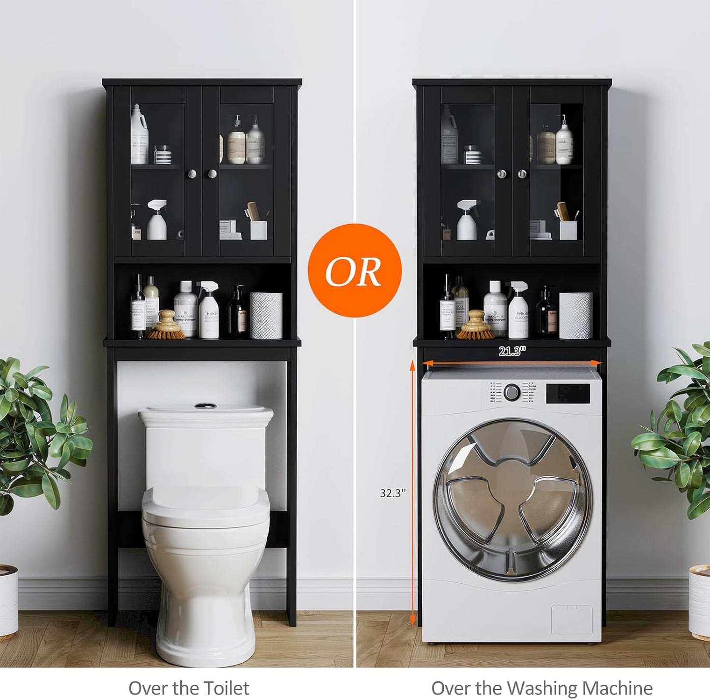 Meilocar Over The Toilet Storage Cabinet for Bathroom, Black Storage Organizer Over Toilet, Space Saver with 2 Tempered Glass Doors, Black