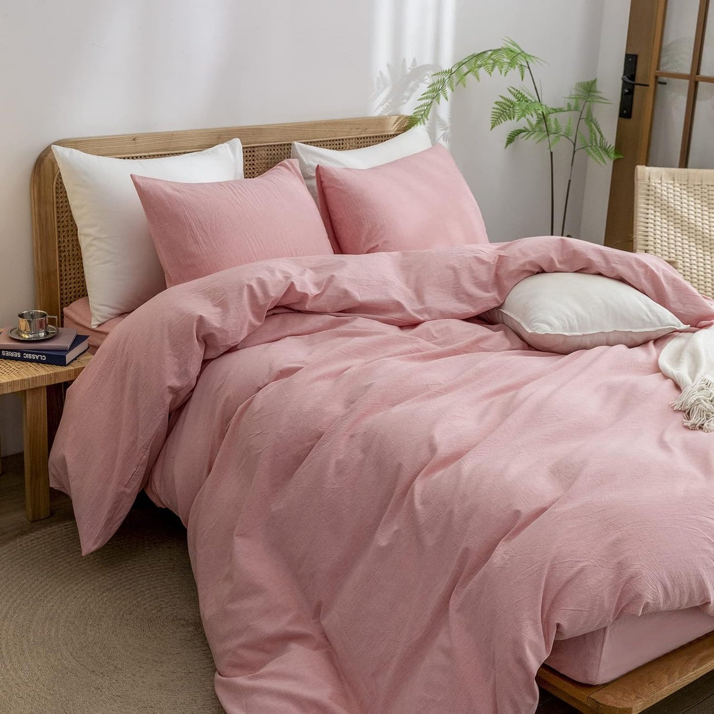 BESTOUCH Duvet Cover Set 100% Washed Cotton Linen Feel Super Soft Comfortable Chic Lightweight 3 PCs Home Bedding Set Solid Red Pink Queen