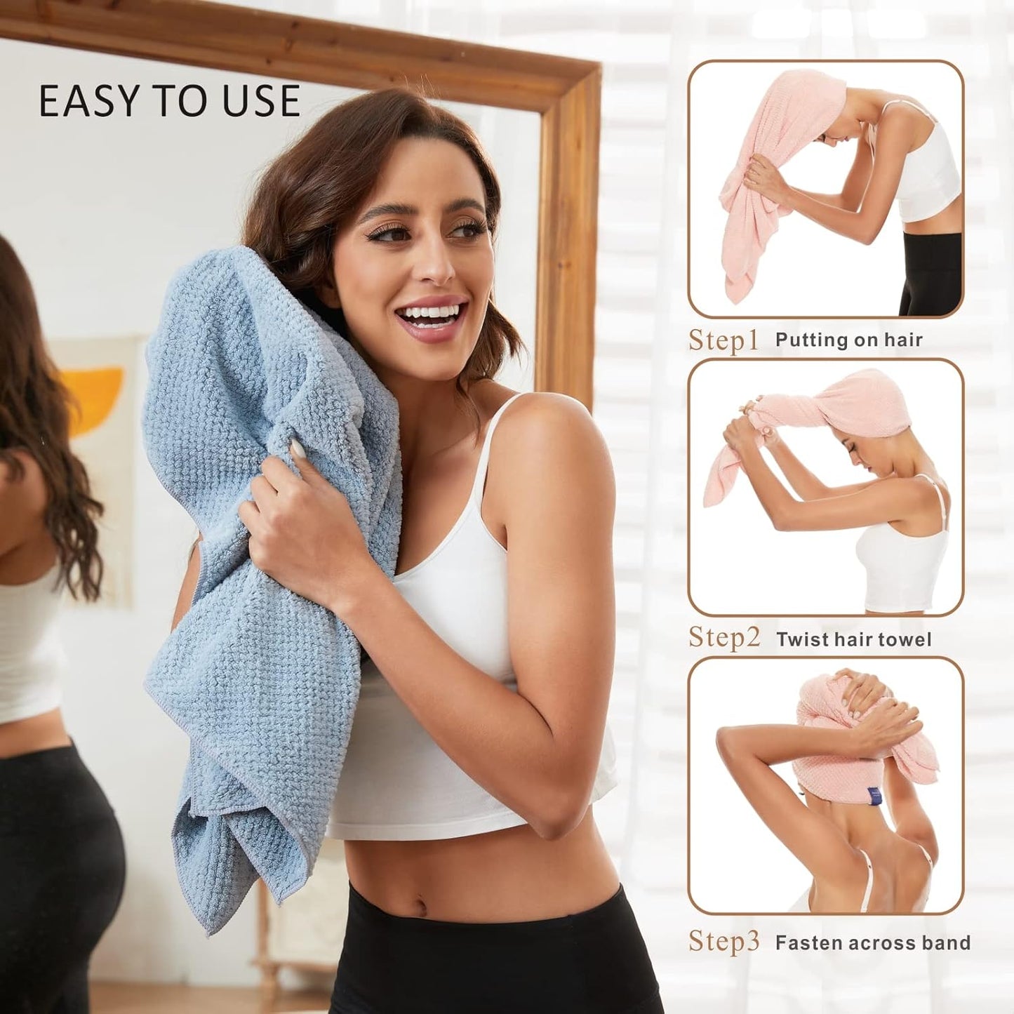 2 Pack Large Microfiber Hair Towel Wrap for Women, Anti Frizz Hair Drying Towels, Fast Dry Hair Turban - for Wet, Long, Thick, Curly Hair - Super Absorbent Soft Towels (Blue & Pink)