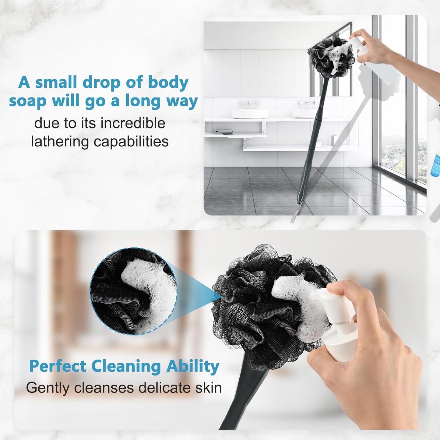 Loofah with Handle, 20.5'' Replaceable Shower Loofah to Improve Skin Health, Body Scrubber, for Women and Men with String for Easy Hanging（Dark Black）