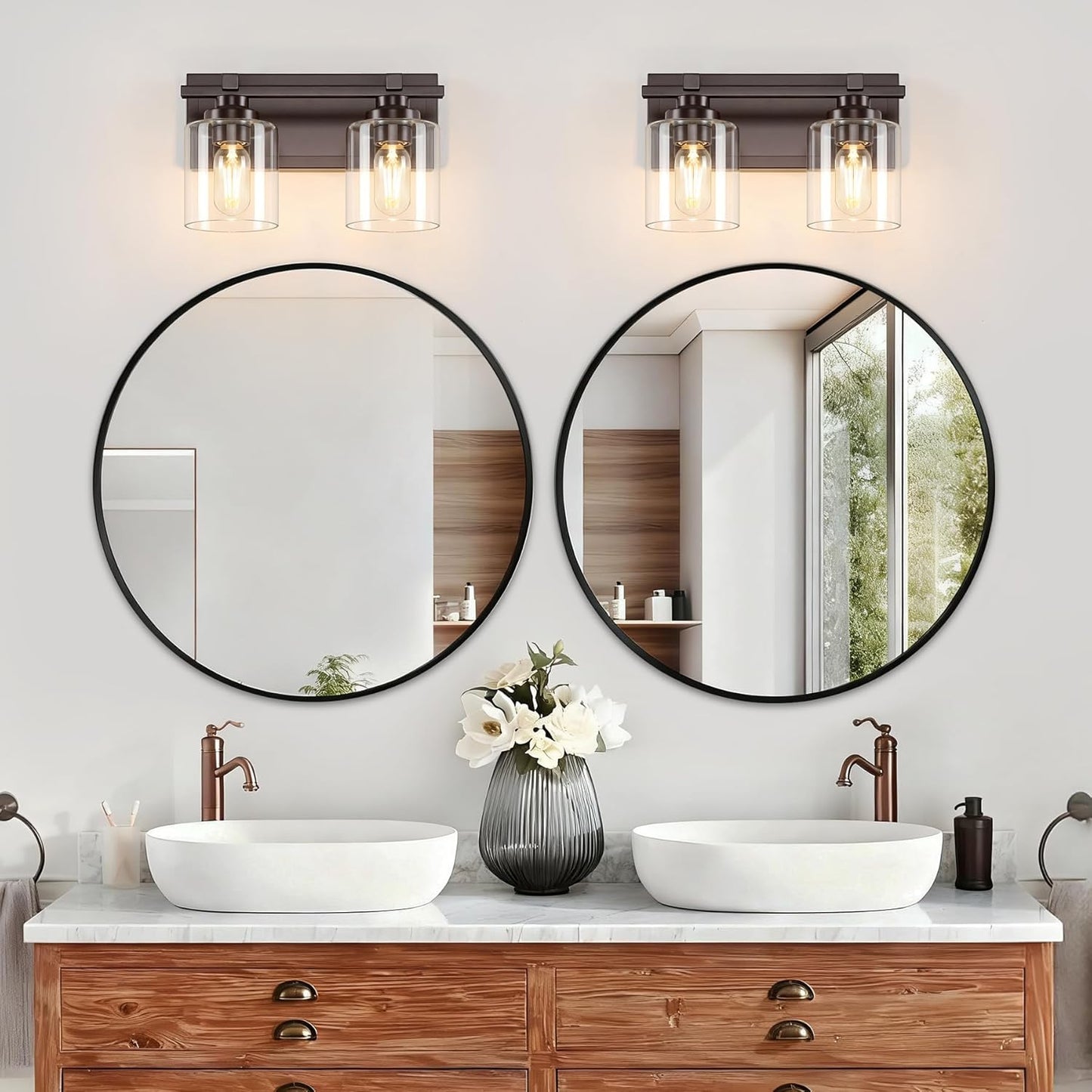 2 Light Modern Bathroom Light Fixtures Over Mirror, Bronze Finish Vanity Lights for Bathroom Wall Sconces with Clear Glass Shades, E26 Socket (Bulbs Not Included)