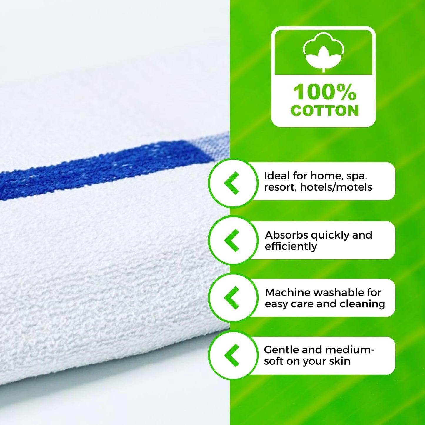 Towels N More 24x48 Soft Poolside Towels - 48 Large Super Absorbent Pool Towel White and Blue Center Stripe - Ideal for Home, Pool, Spa, Gym, Hotel, Motel Rental Room Use - 100% Cotton Bath Towels