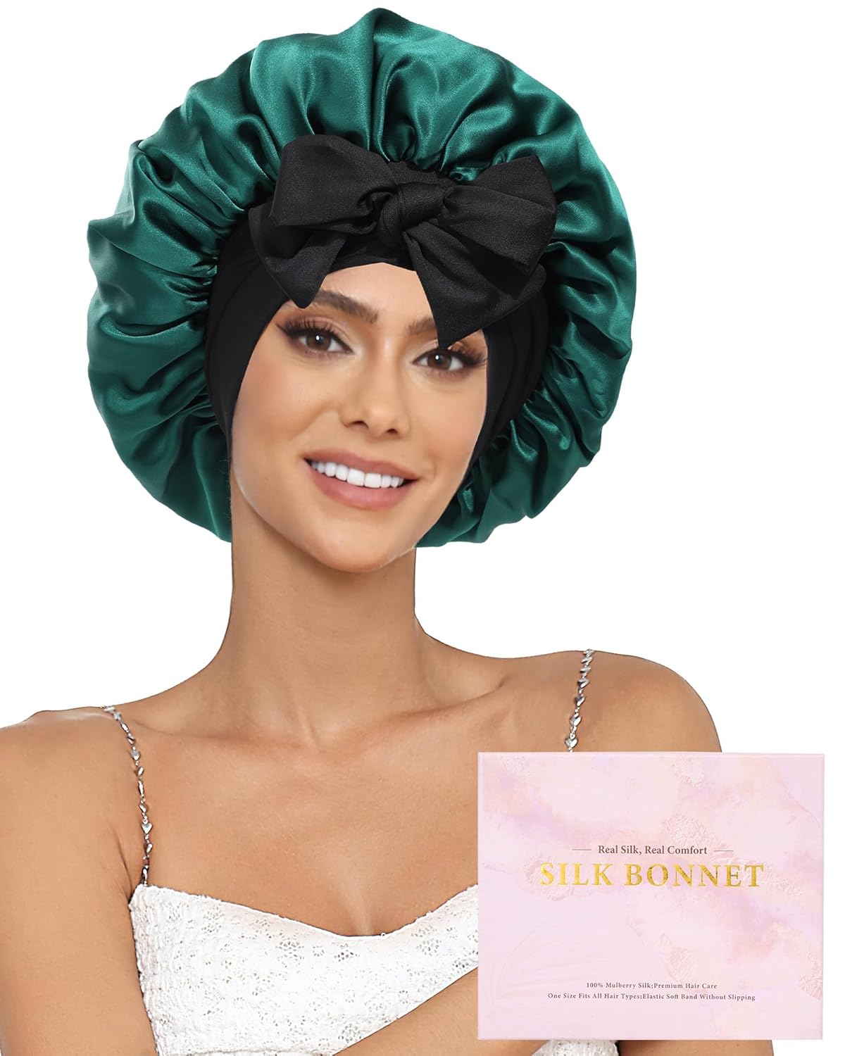 100% Mulberry Silk Bonnet for Sleeping Women Double Layer Silk Hair Bonnet Natural Silk Sleep Cap with Elastic Reversible Hair Wrap (Black+Green)