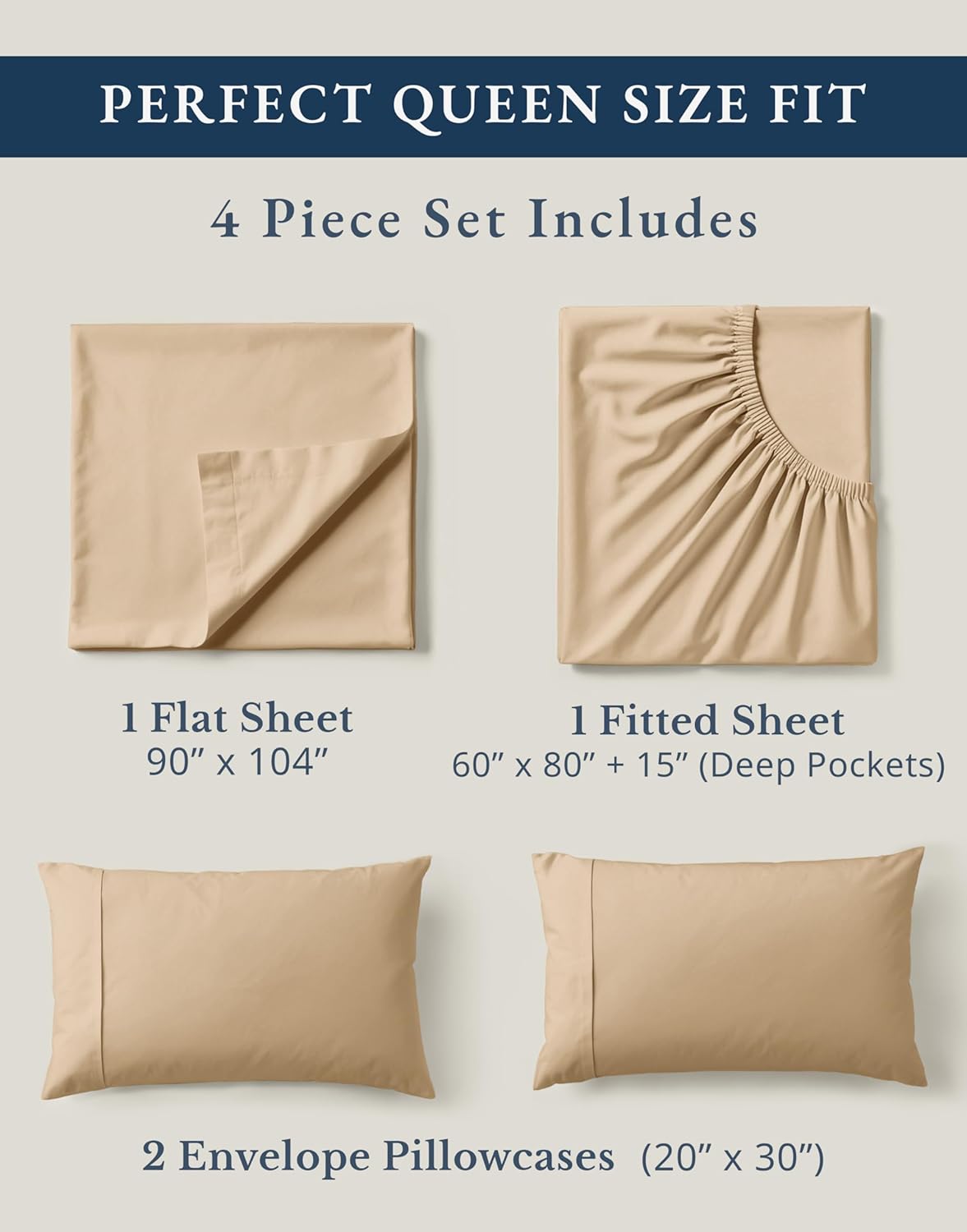 LANE LINEN 100% Organic Cotton Queen Size Sheets Set, Eco Friedly Mercerized Fully Elasticized Queen Sheets, Naturally Temperature Regulating Cooling Cotton Sheets- Linen