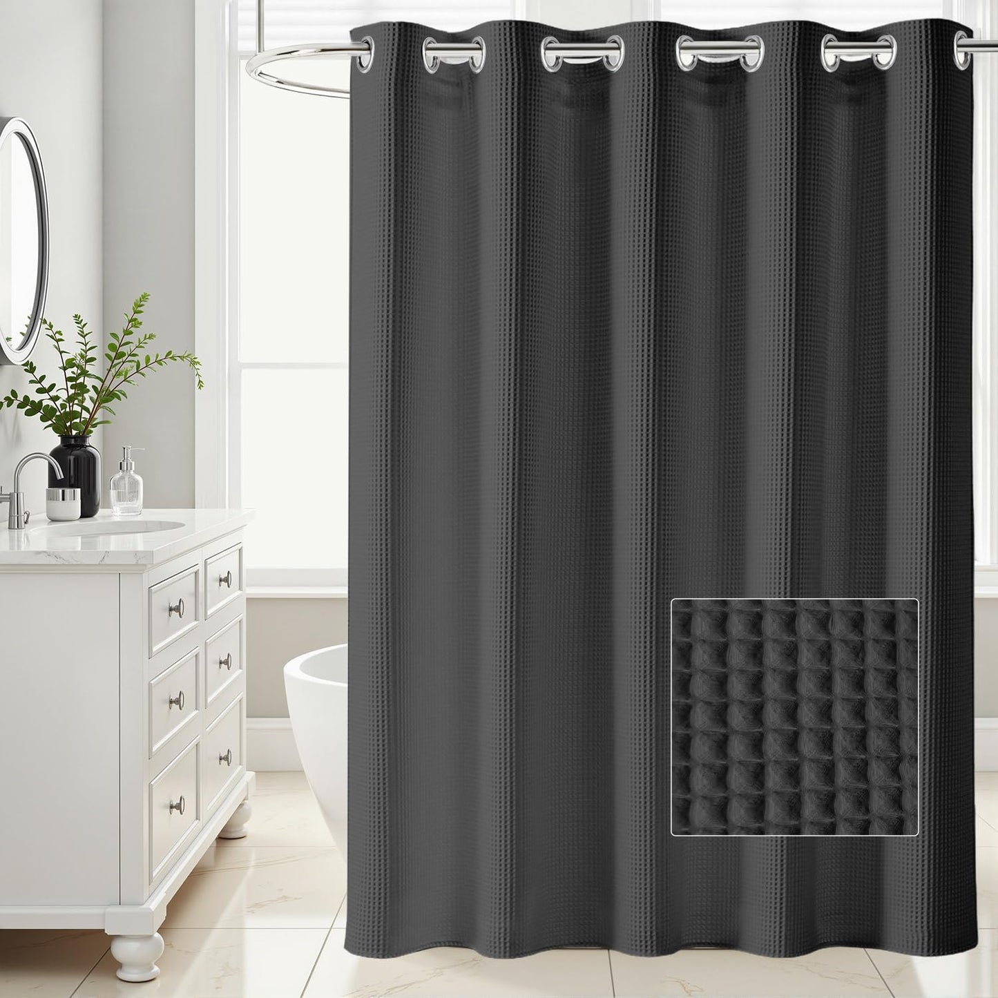 River Dream Black Waffle Weave Shower Curtain with Snap-in Liner,Cotton Blend Fabric Heavy Duty,No Hooks Needed Shower Curtain for Bathroom,Hotel Quality Shower Curtain Set,71 x 74 inches