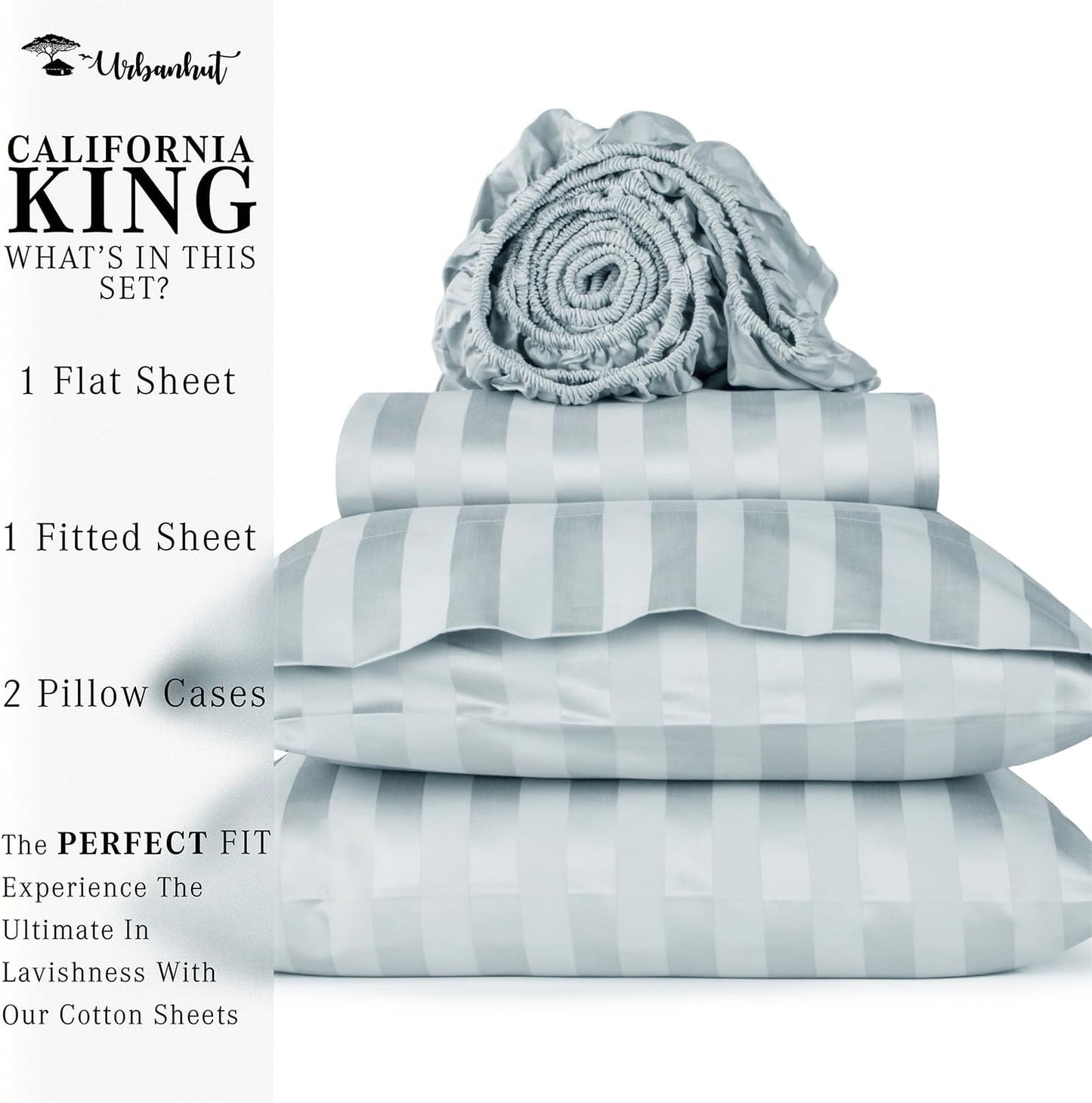 URBANHUT 1000 Thread Count Damask Striped California King Sheet Set Egyptian Cotton, Long Staple Soft & Breathable, 4 Pc Bed Sheet Sets, Luxury Hotel Sateen Sheets Fits 16" Deep Pocket - Light Blue
