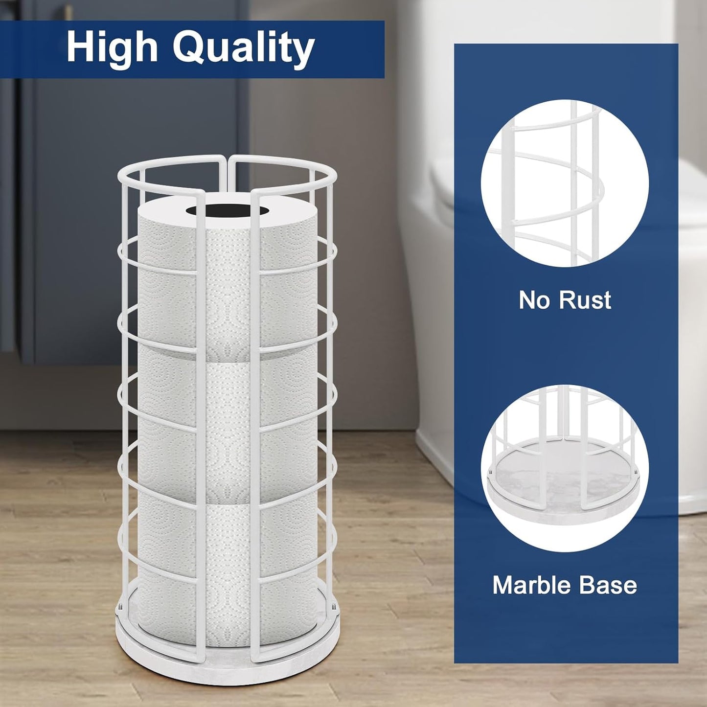 NearMoon Toilet Paper Organizer Stand, Free Standing 3 Rolls Tissue Storage, Metal Bathroom Accessory, Rustproof Toilet Roll Holder for Kitchen Countertop Inside Cabinet Shelf(Marble Base, White)
